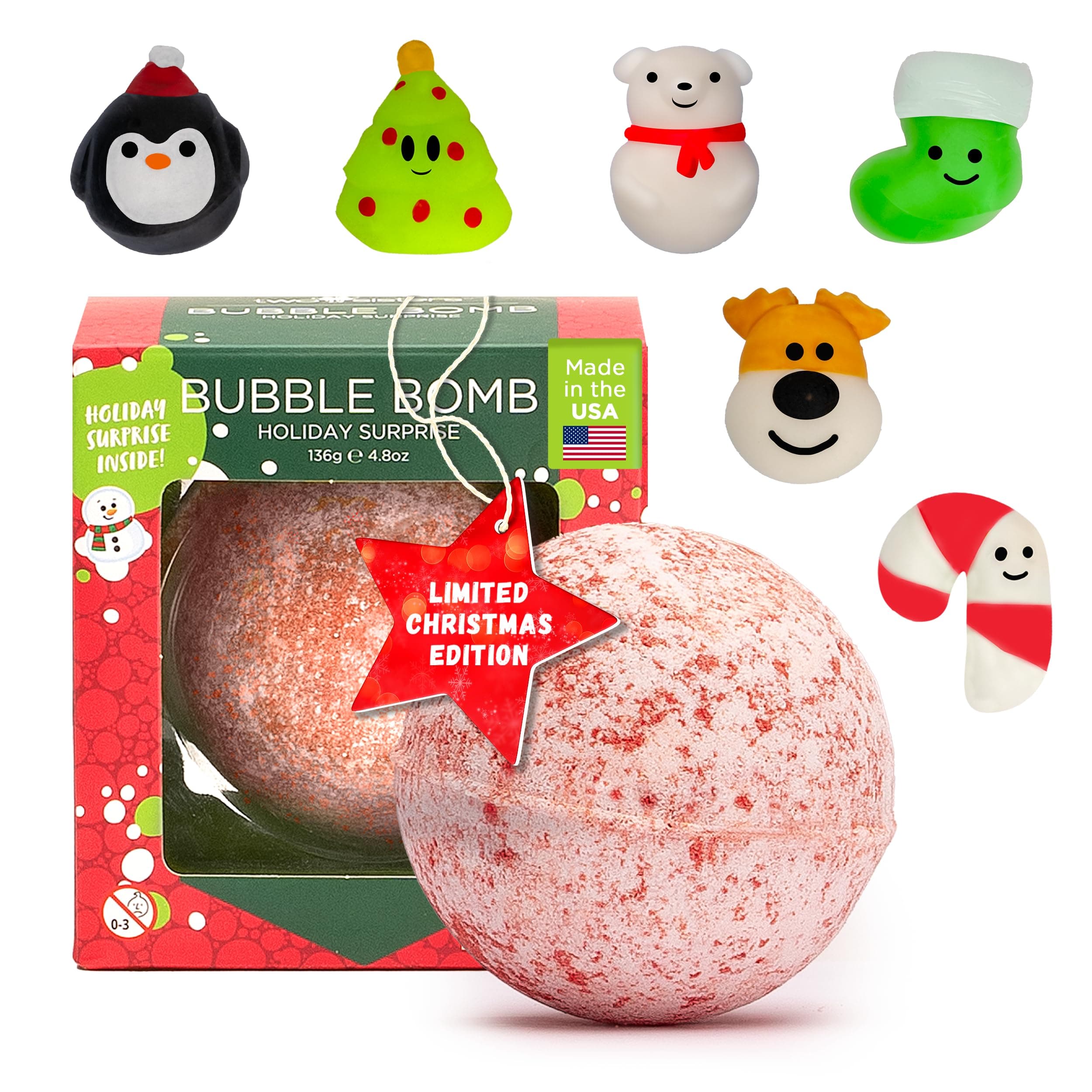 Two Sisters Christmas Bubble Bath Bomb for Kids with Surprise Holiday Squishy Toy Inside . Large 99% Natural Fizzy in Gift Box. Moisturizes Dry Sensitive Skin. Releases Color, Scent, and Bubbles.