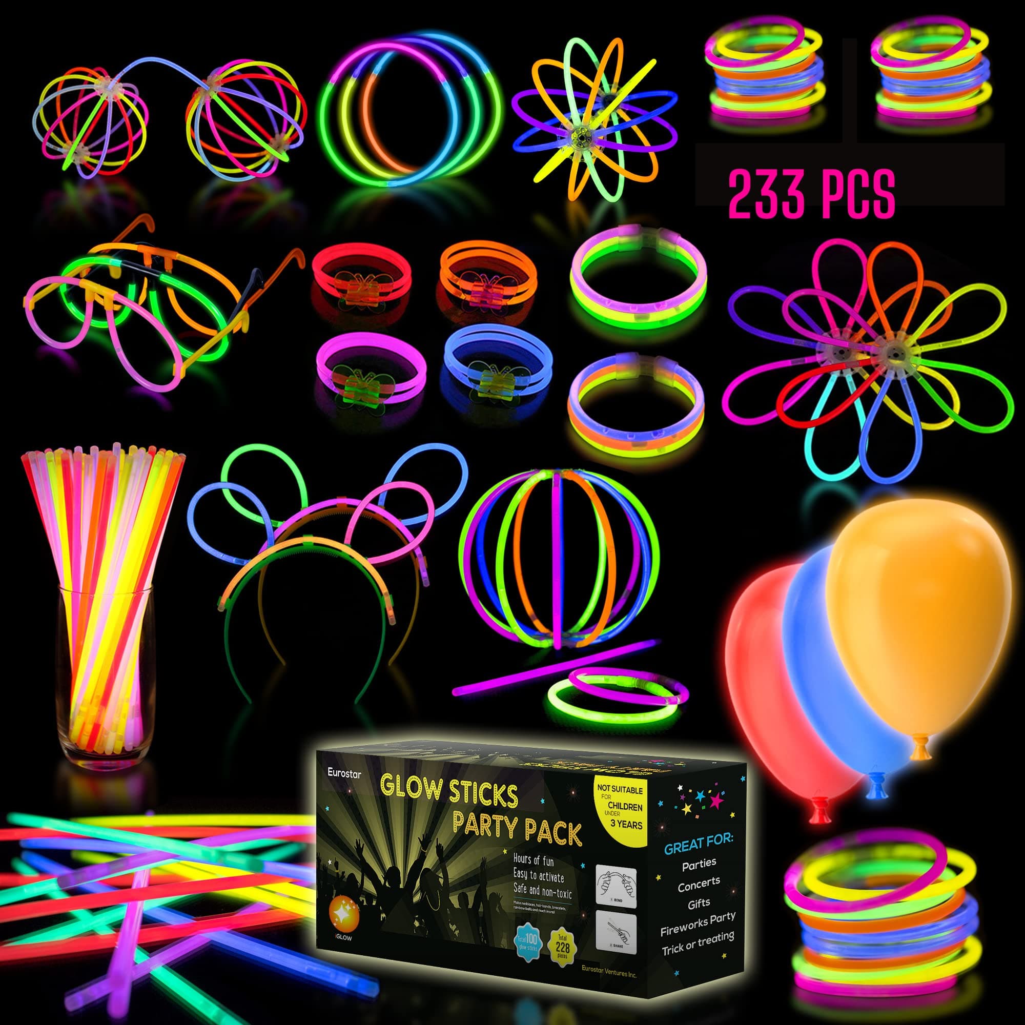 iGLOW Glow Sticks - 233 Pieces Bulk Party Pack Multicolor 100 Glow Sticks + 133 Accessories Light Stick Set