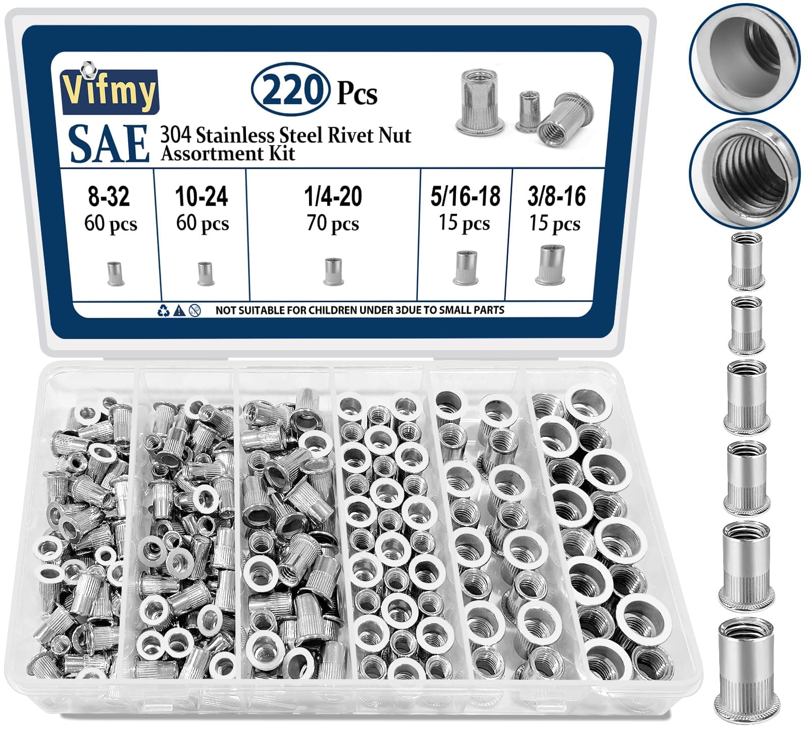 Vifmy SAE Rivet Nut Assortment Kit(220 Pcs),#8-32#10-24 1/4"-20 5/16"-18 3/8"...