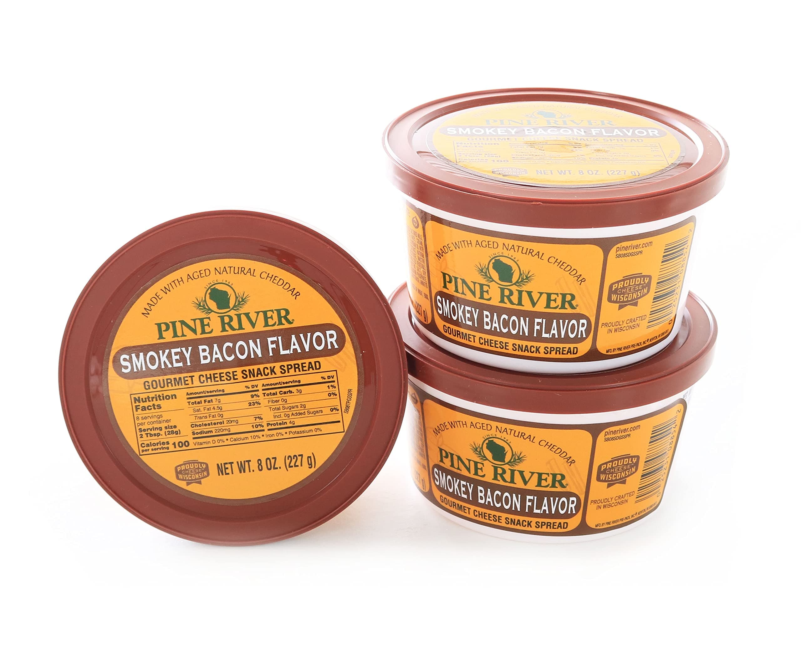 Pine River Cheese Spreads 3-Pack | Smokey Bacon | (3) 8 oz tubs | SHELF-STABLE | Smokey, Umami & Creamy Authentic Wisconsin Pub Cheese Spread