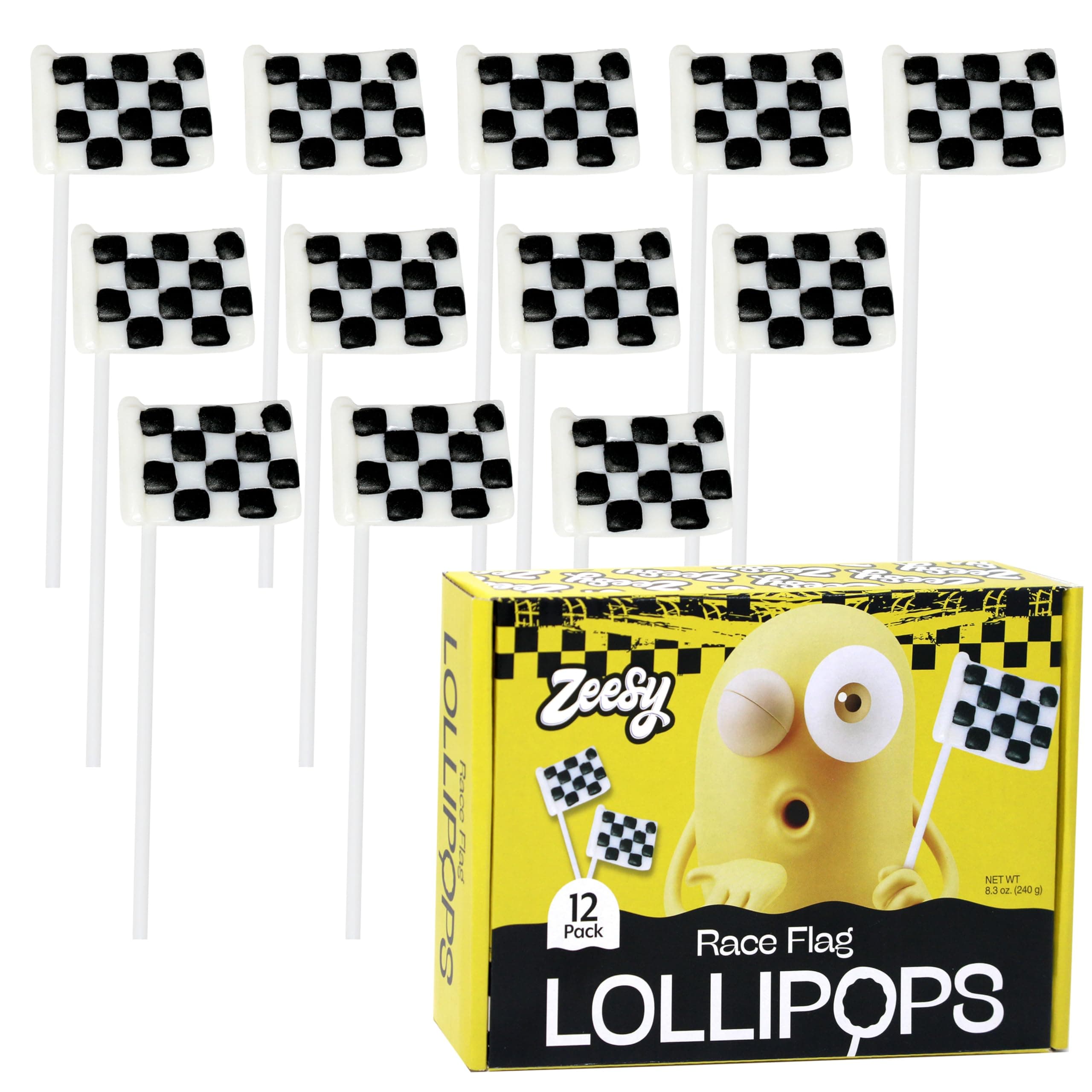 Black and White Checkered Flag Lollipops – 12 Pack – Individually Wrapped Suckers for Race Car Party Favors & Birthday Supplies