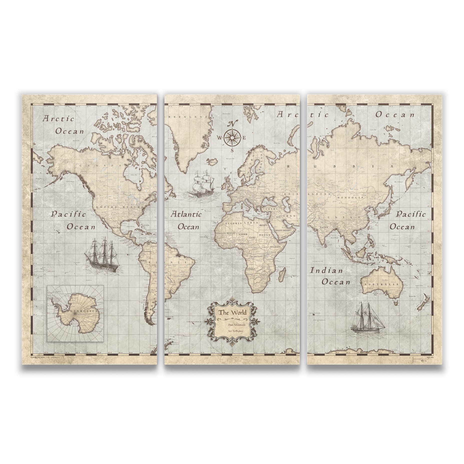 Conquest Maps World Map with Pins Rustic Vintage Style Push Pin Travel Map Cork Board, Handmade Unique Canvas Pinable Traveler Map. 100 Push Pins Included! (54 x 36 Inches (3 Panel)) Kitchen