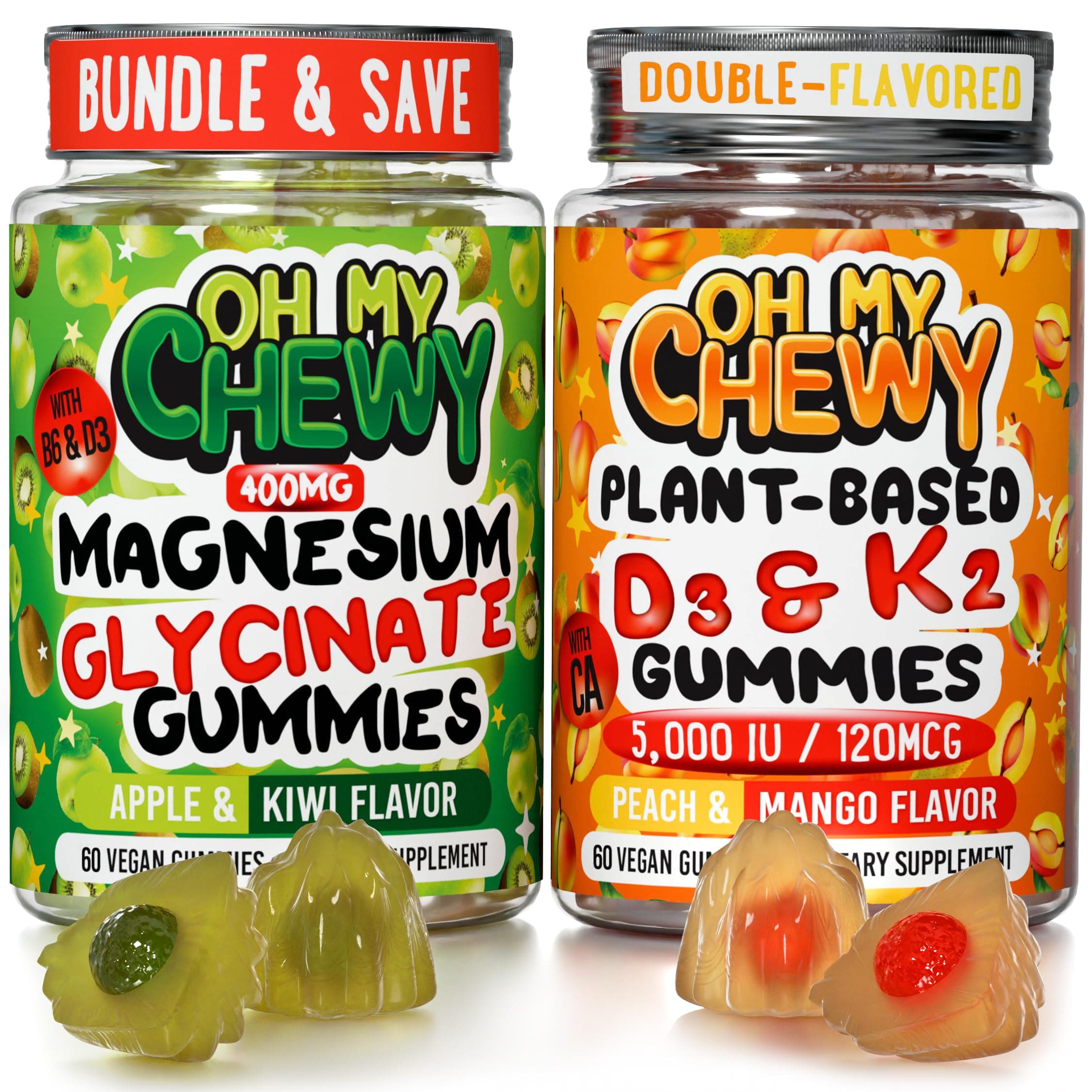 Magnesium + D3K2 Gummies Bundle – 2 Bottles (60 Each) – Apple Kiwi & Peach Mango