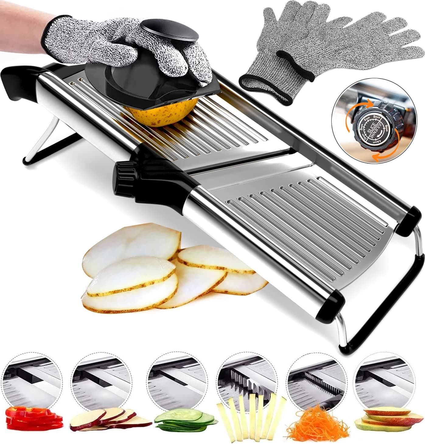 Stainless Steel Mandoline Slicer for Kitchen – 6-Setting Adjustable, 16.5 x 5 In. Platform, Hand Guard, Cut-Resistant Gloves – Vegetable Chopper, Meat Slicer, Cheese Slicer by Medove