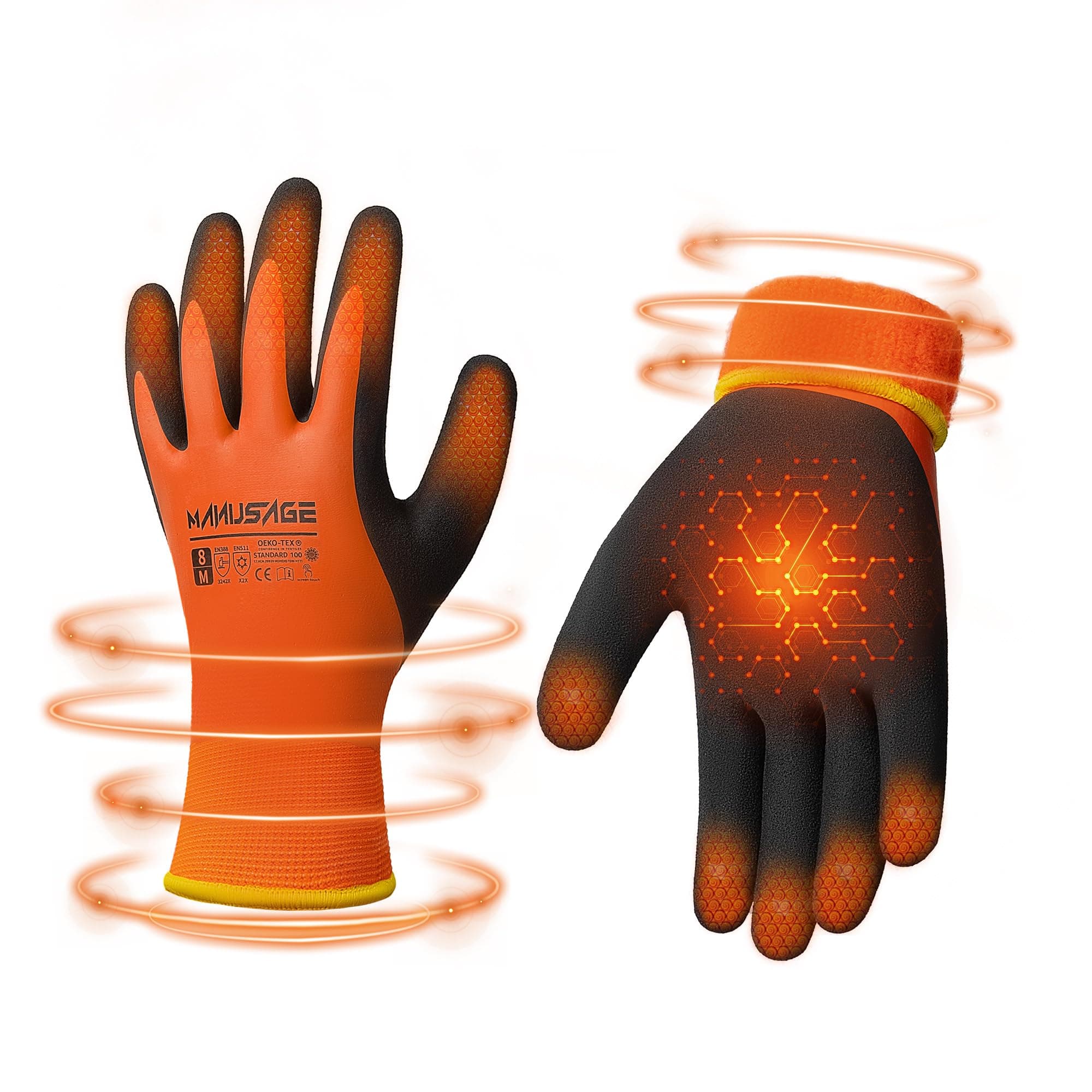 MANUSAGE Winter glove, Hi-vis Orange Polyester Shell Outside, with Latex Smooth Coating,Touch Screen,Sandy Latex Coating on Palm and Thumb,Touch Screen, 3 Pairs