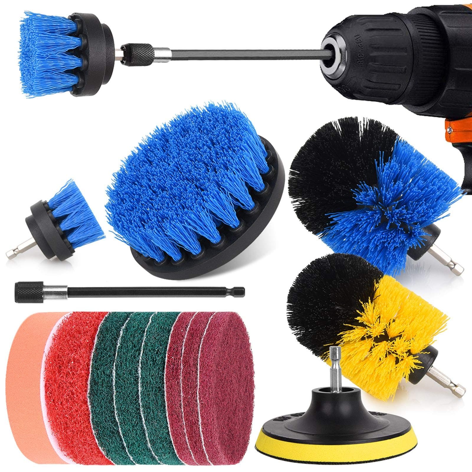 Power Brush Drill Attachment Set, NUOSEM Kitchen Cleaning Drill Brushes - 14pcs Drill Brush Attachment for Bathroom Surface, Tub, Shower, Floor, Tile, Corners, Scrub/Grout Brush Drill Attachment