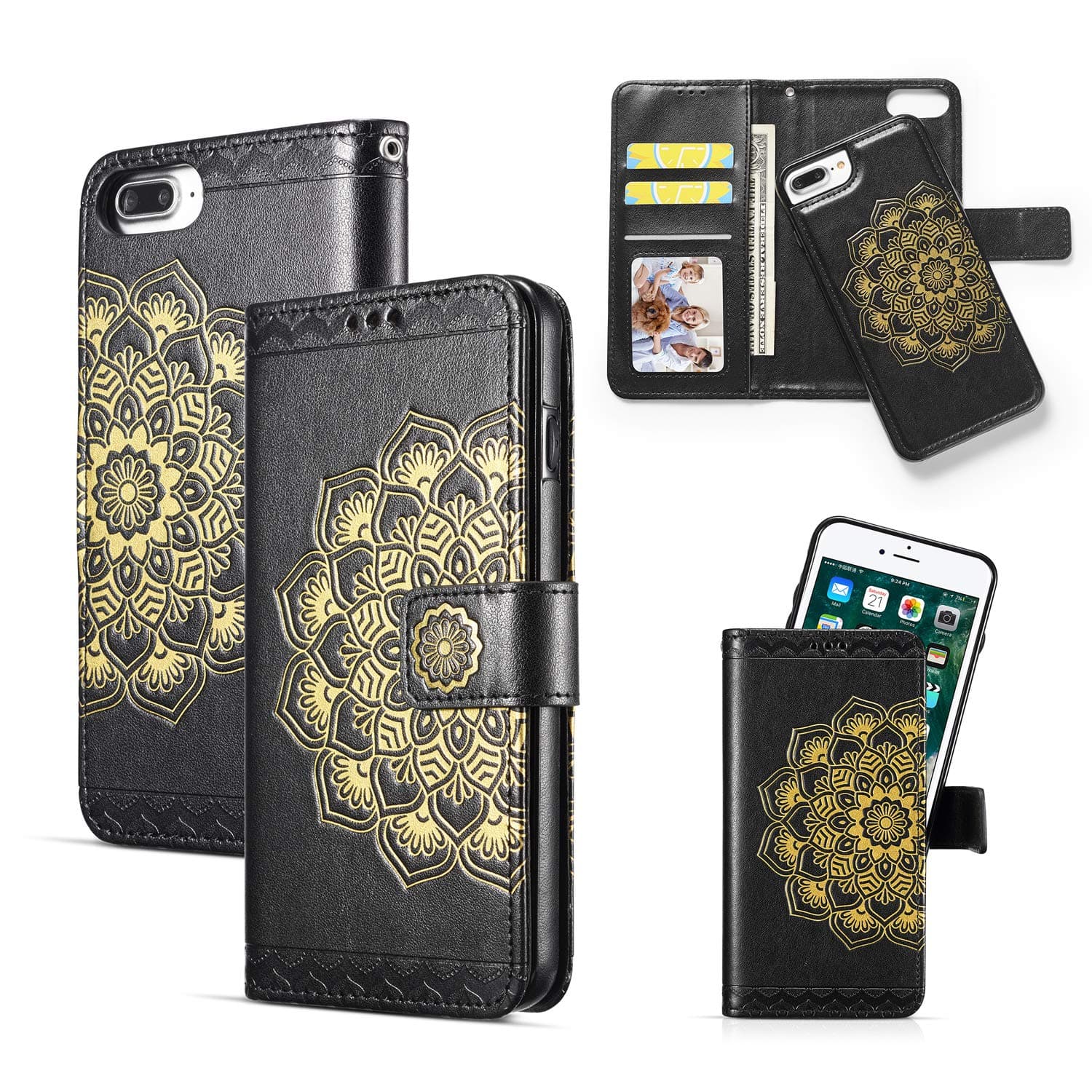 QLTYPRIPU Leather Case for iPhone 7/8 Plus, Mandala Flower Design Multi-Function Magnetic Detachable Wallet Fit Car Mount with Lanyard Card Slot Kickstand Flip Cover for iPhone 7/8 Plus – Dark