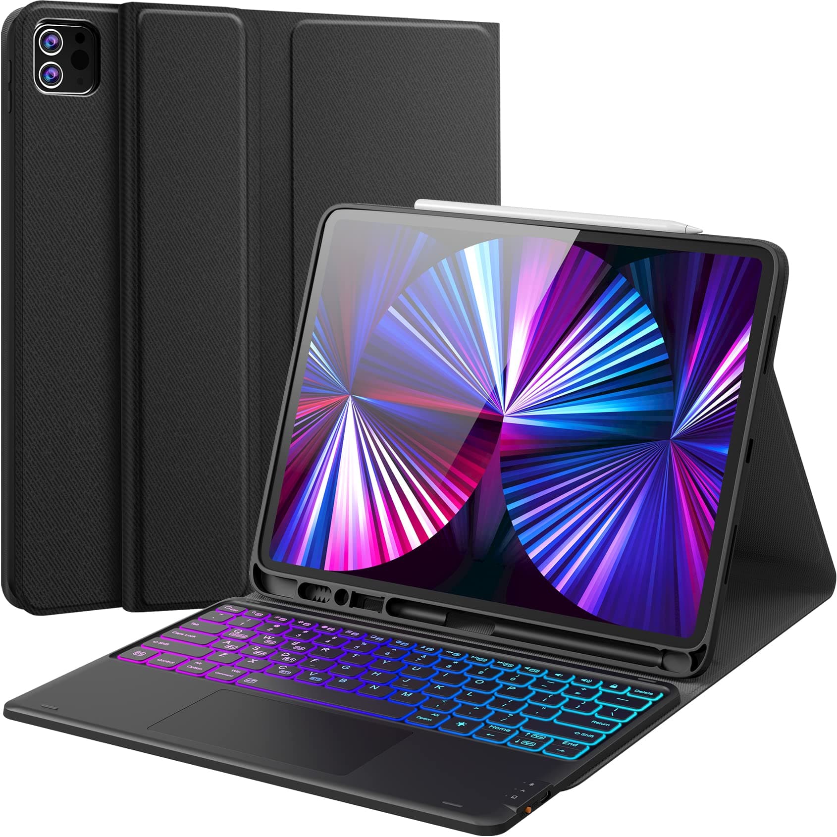 iPad Pro 12.9 Case with Keyboard, Compatible for iPad Pro 12.9-inch 2021 5th/4th/3rd Gen, Trackpad Keyboard with DIY 7 Color Backlit, Wireless Detachable Keyboard with Pencil Holder, Black