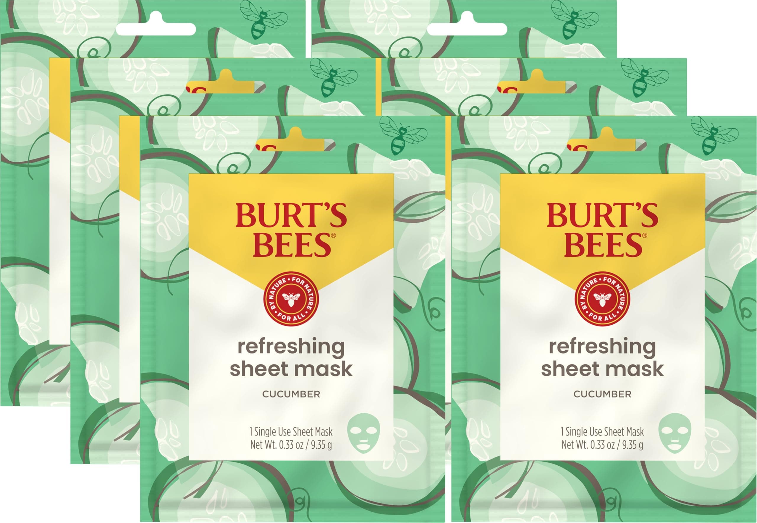 Burt's Bees Back To School Dorm Essentials, Refreshing Sheet Face Mask with Cucumber, Pack of 6