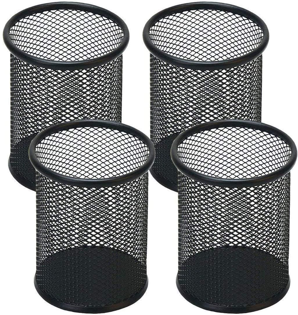 KCHEX 11 Mesh Metal Pen 4 Pack Medium Pencil Cup Holder for Office Desk Organizer (Black)