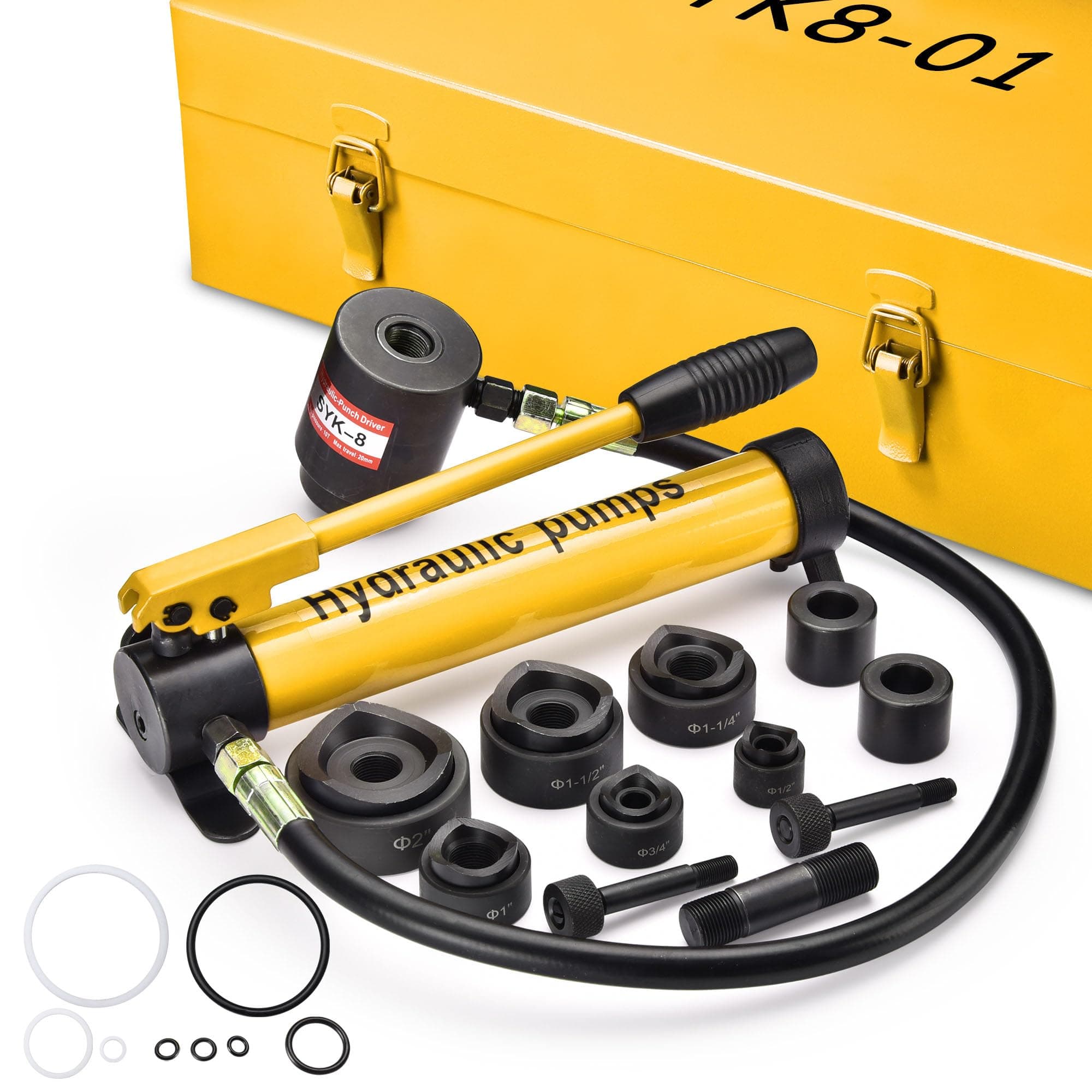 Yescom 1/2" to 2" Hydraulic Knockout Punch Set 10-Ton 6-Die Electrical Conduit Hole Punch Driver Kit for Aluminum Brass Stainless Steel - Yellow