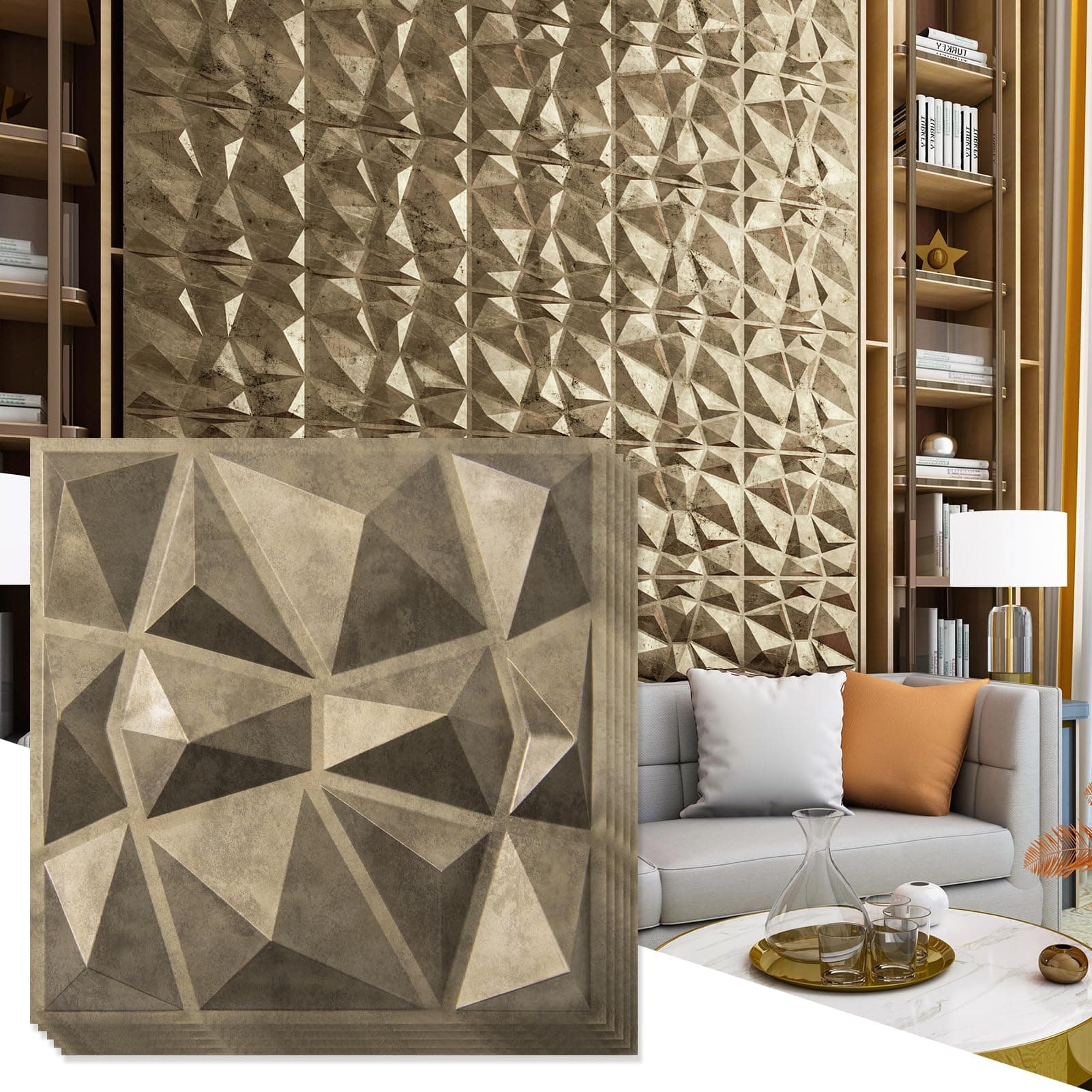 Art3d Textures 3D Wall Panels Diamond Design, 32 Sq.Ft PVC Interior Wall Decor for Living Room, Bathroom, Kitchen, Pack of 12 Tiles, 19.7 x 19.7 Inch, Antique Gold