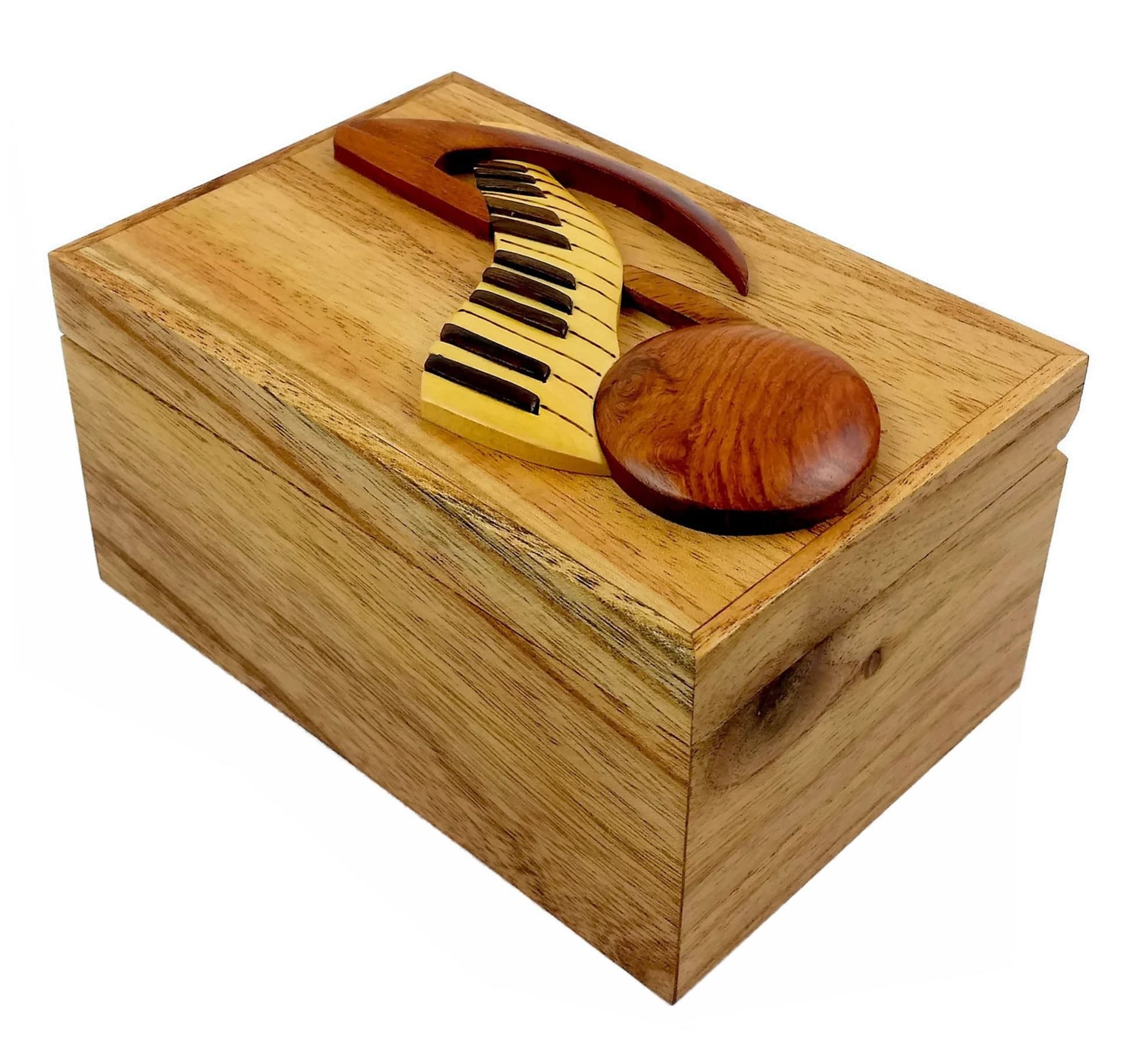Music Note and Keyboard, 6 x 4 x 3.25, All Natural Exotic Woods Jewelry and Storage Box with Brass Hinged Lid. Hand-Made Wood Onlay Design on Lid.