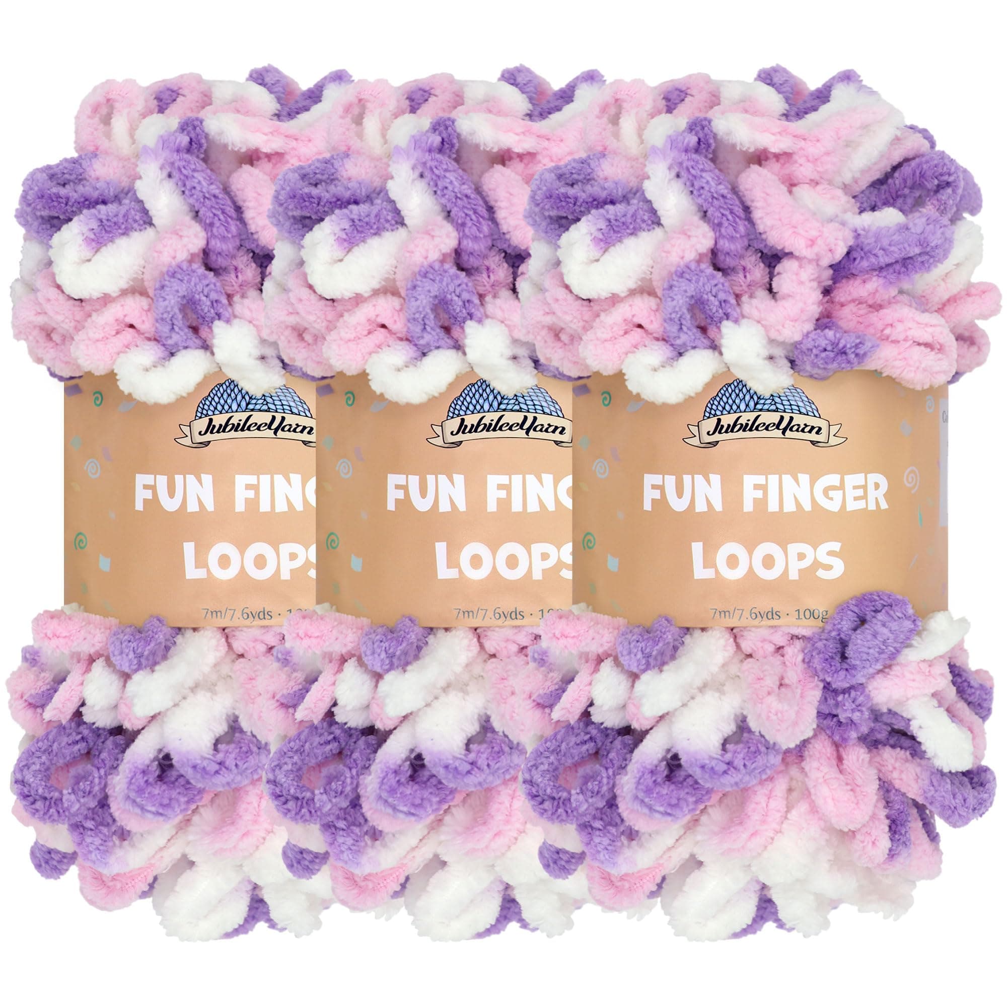 JubileeYarn Fun Finger Loops Yarn - Polyester Jumbo Weight Loop Yarn - 100g/Skein - Purple Pink White - 3 Skeins