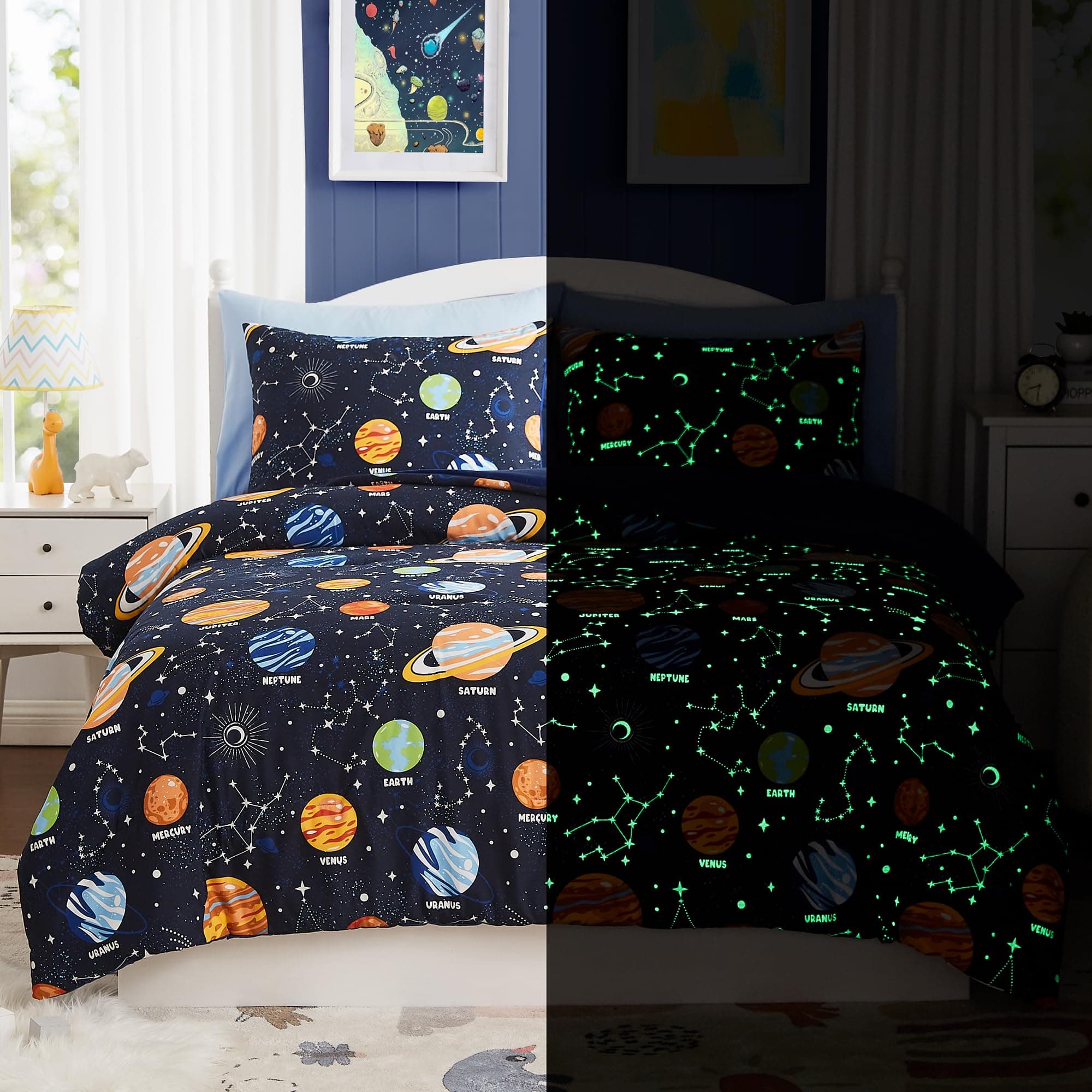Full Kids Comforter Set - 7 Pieces Full Bedding Sets for Boys Teen, Glow in The Dark Space Bed in A Bag with Sheets