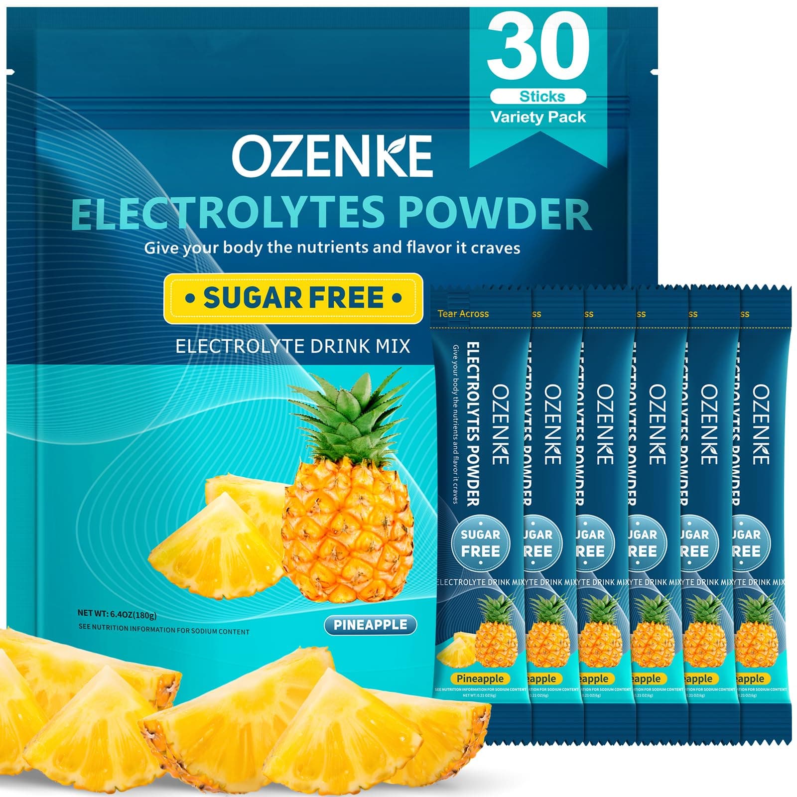 Electrolytes Powder Packets, Hydration Packets Sugar Free, Electrolyte Drink Mix Portable Electrolyte Packet for Rapid Hydration, Pineapple Flavor, 30 Sticks
