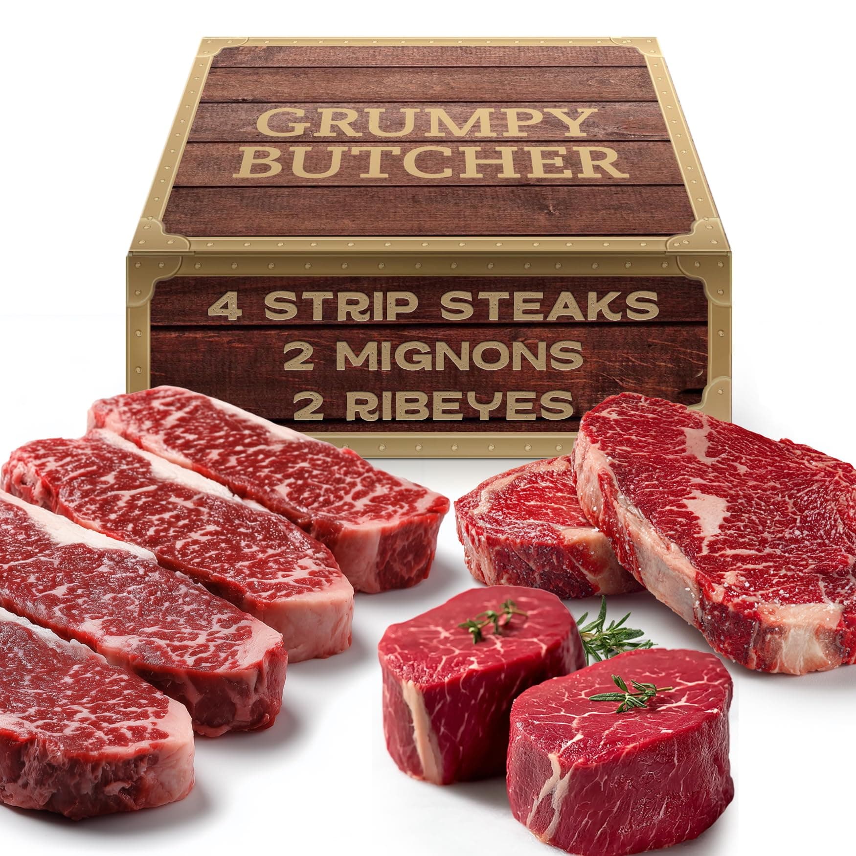 Grumpy Butcher 8 Steaks Premium Set - 4 NY Strips (10 oz), 2 Ribeye Steaks (12 oz), 2 Large Beef Filet Mignon (8 oz) - Steakhouse Quality Meat Gourmet Gift Basket