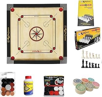 Carrom Board 20 INCH Small Size with 1.5" Border & 3 mm Ply (Economy) with STRICKER & Accessories and Vista 14 INCH Chess Conquer Gift Set