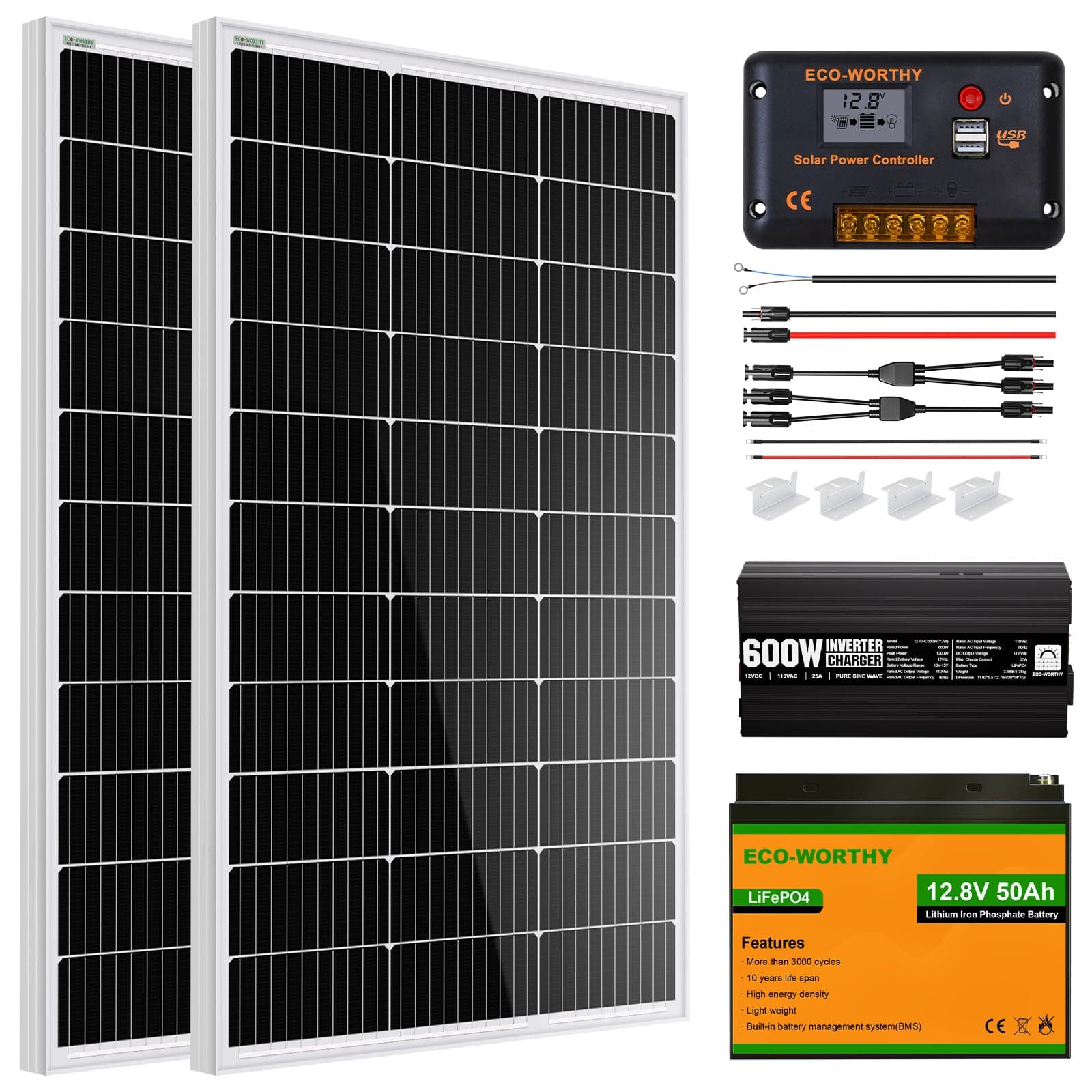 ECO-WORTHY 200 Watt 12V Complete Solar Panel Starter Kit for RV Off Grid with Battery and Inverter: 200W Solar Panels+30A Charge Controller+50Ah Lithium Battery+600W Solar Power Inverter
