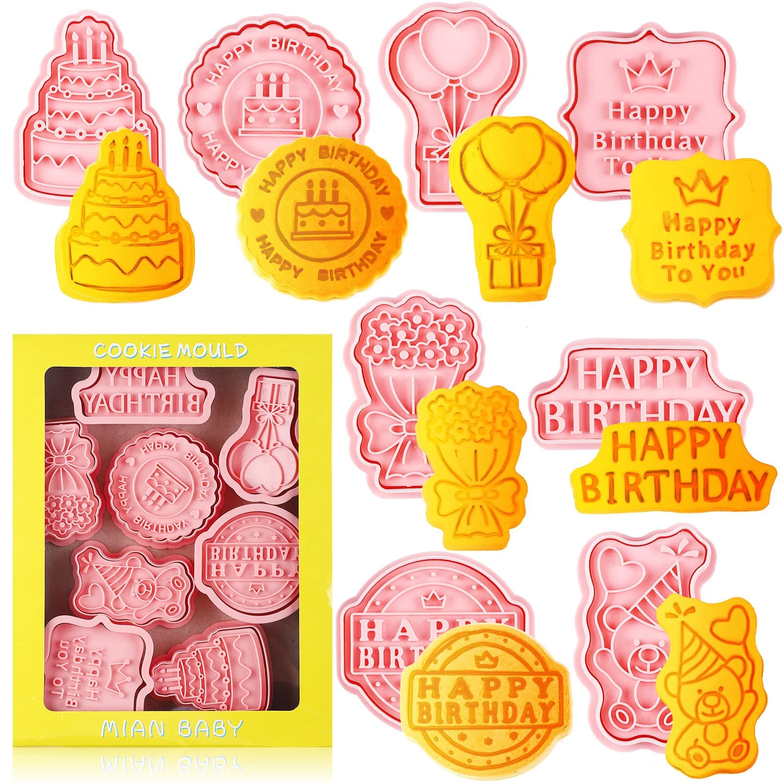 Hoolerry 8 Pcs Birthday Theme Cookie Cutters Set 3D Cake, Happy Birthday, Flower, Balloon, Bear Shape Cookie Cutters Stamps for Party Baking and Decoration DIY Supplies