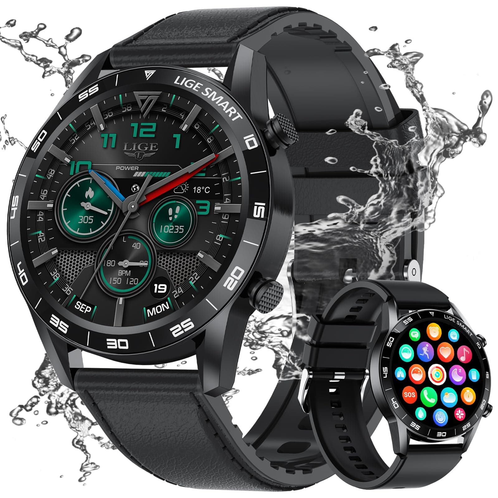 LIGESmart Watch for Men 1.43'' AMOLED Display,Answer/Make Call,Fitness Watch 100+ Sports Modes,Heart Rate/SpO2/Sleep Monitor Smartwatch for Android iOS Phones,Black Leather