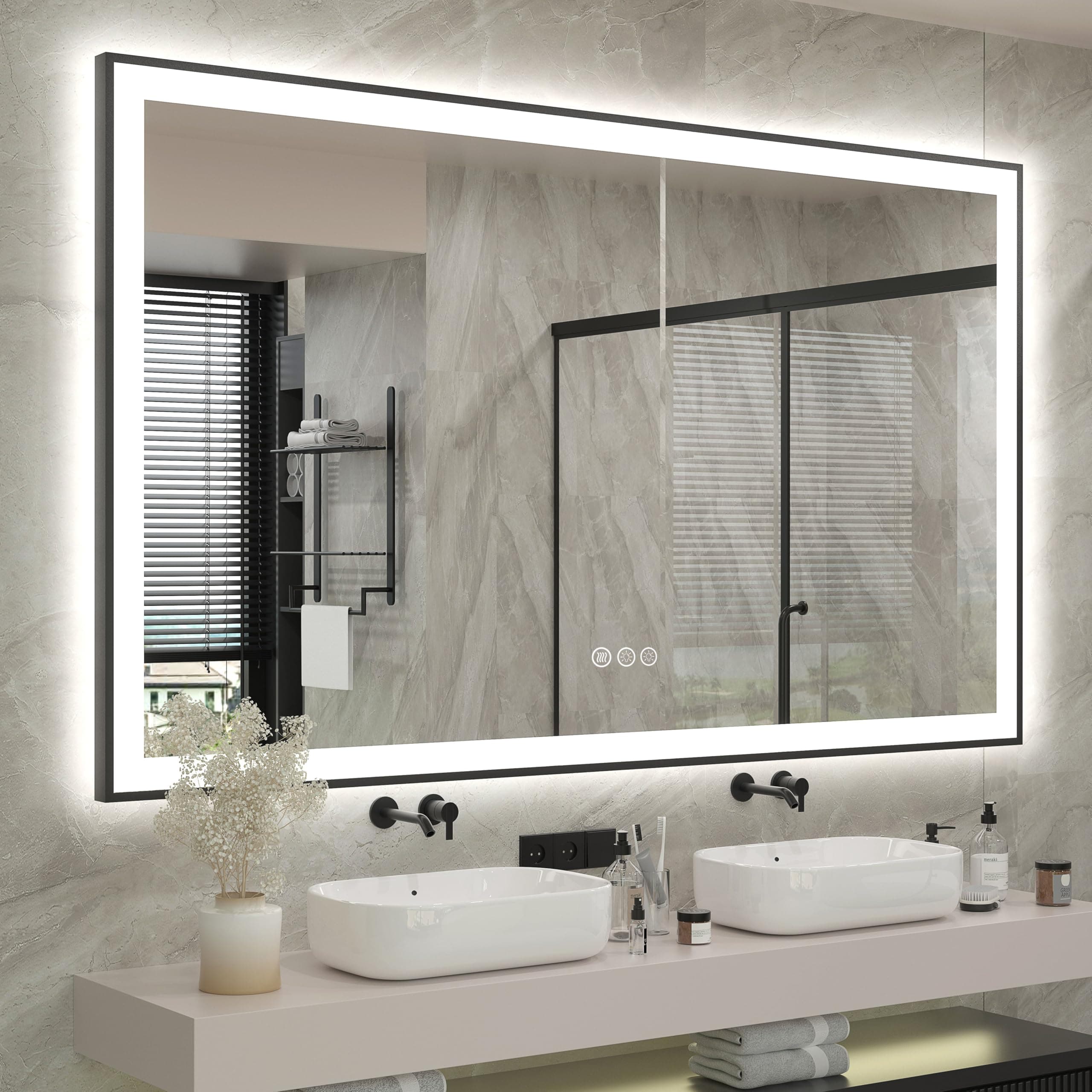 60x40 Framed LED Bathroom Mirror, Large Dimmable Vanity Mirror with Lights, Anti-Fog, Shatterproof, Memory (Backlit and Front Lighted)