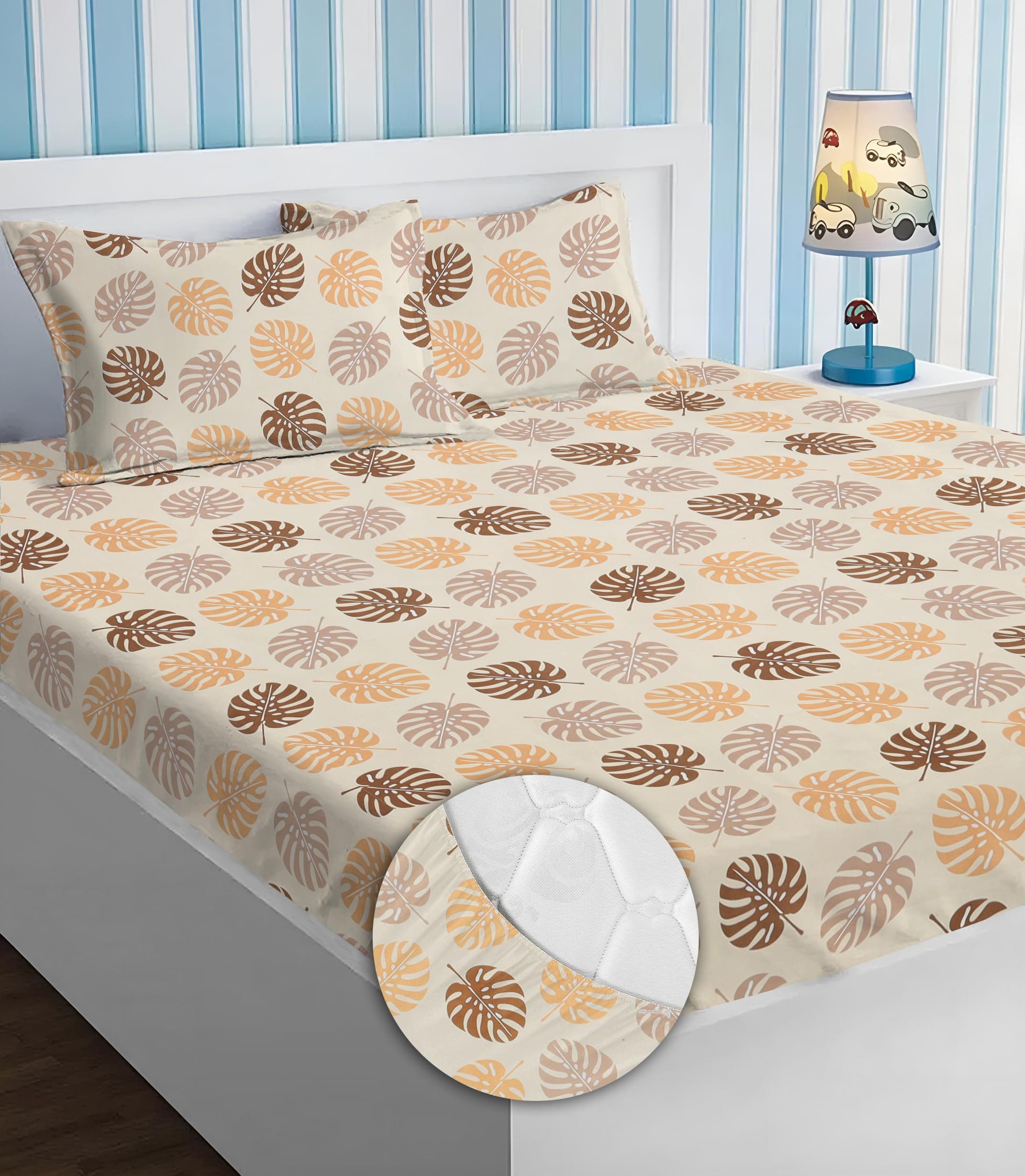 Premium Cotton All Round Elastic Fitted Bedsheets for Double Bed with 2 King Size Pillow Covers 220tc Supersoft |Wrinkel Free Bed Cover Size - 72 x 78 +10 inches | Leaf, Beige & Brown