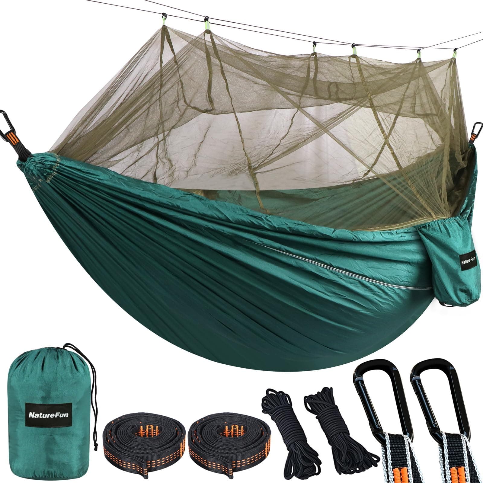 NATUREFUN Camping Hammock with Bug Net | 300kg Load Capacity,(300 x 200 cm) Breathable,Quick-drying Parachute Nylon Travel Hammock | 2 x Premium Carabiners,4 x Slings Included | Outdoor Indoor Garden