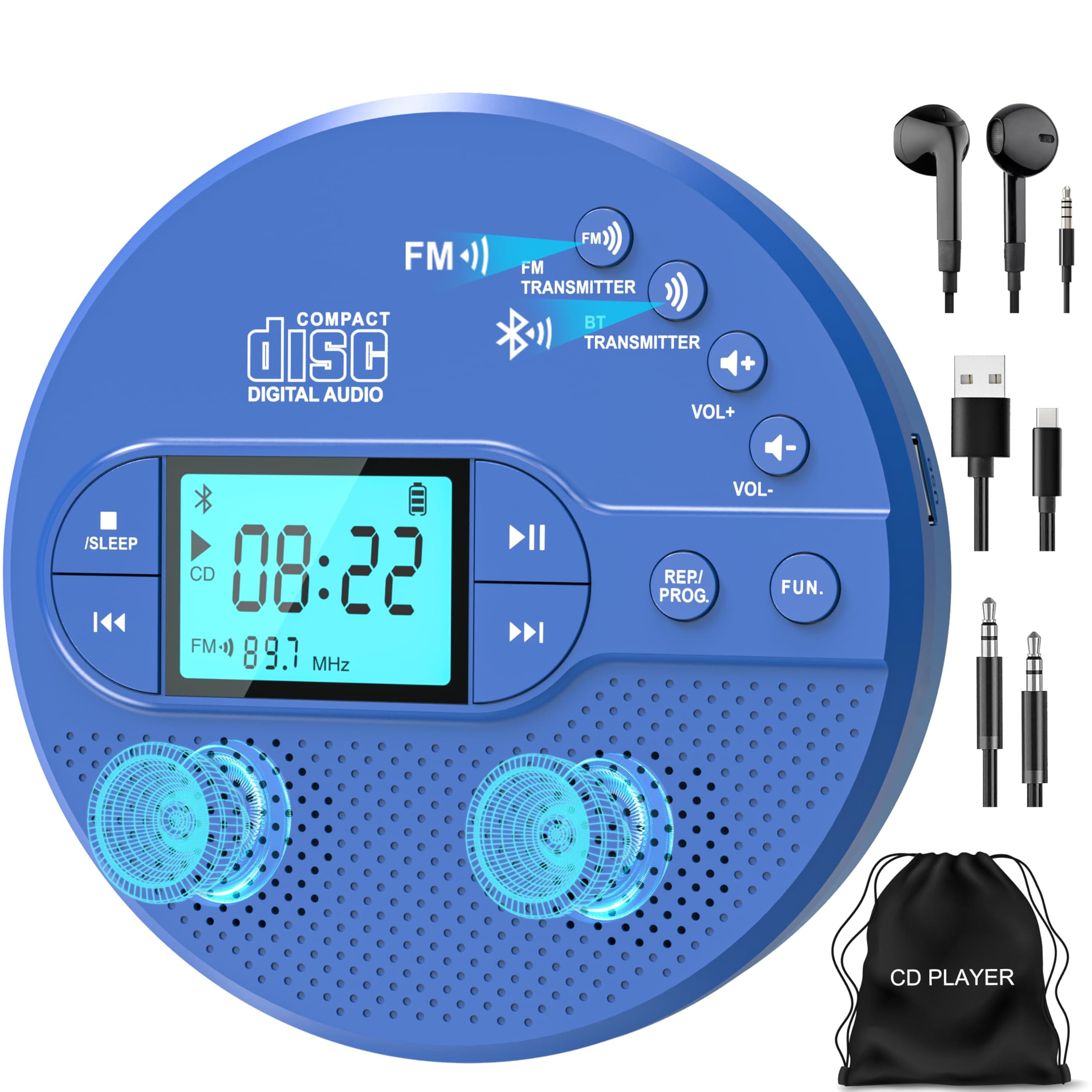 Sunoony Portable CD Player with Bluetooth, Disman CD Player for Car with FM Transmitter, Rechargeable Personal cd Player with Anti-Skip Protection, Headphones, AUX/USB Supported, LCD(Blue)