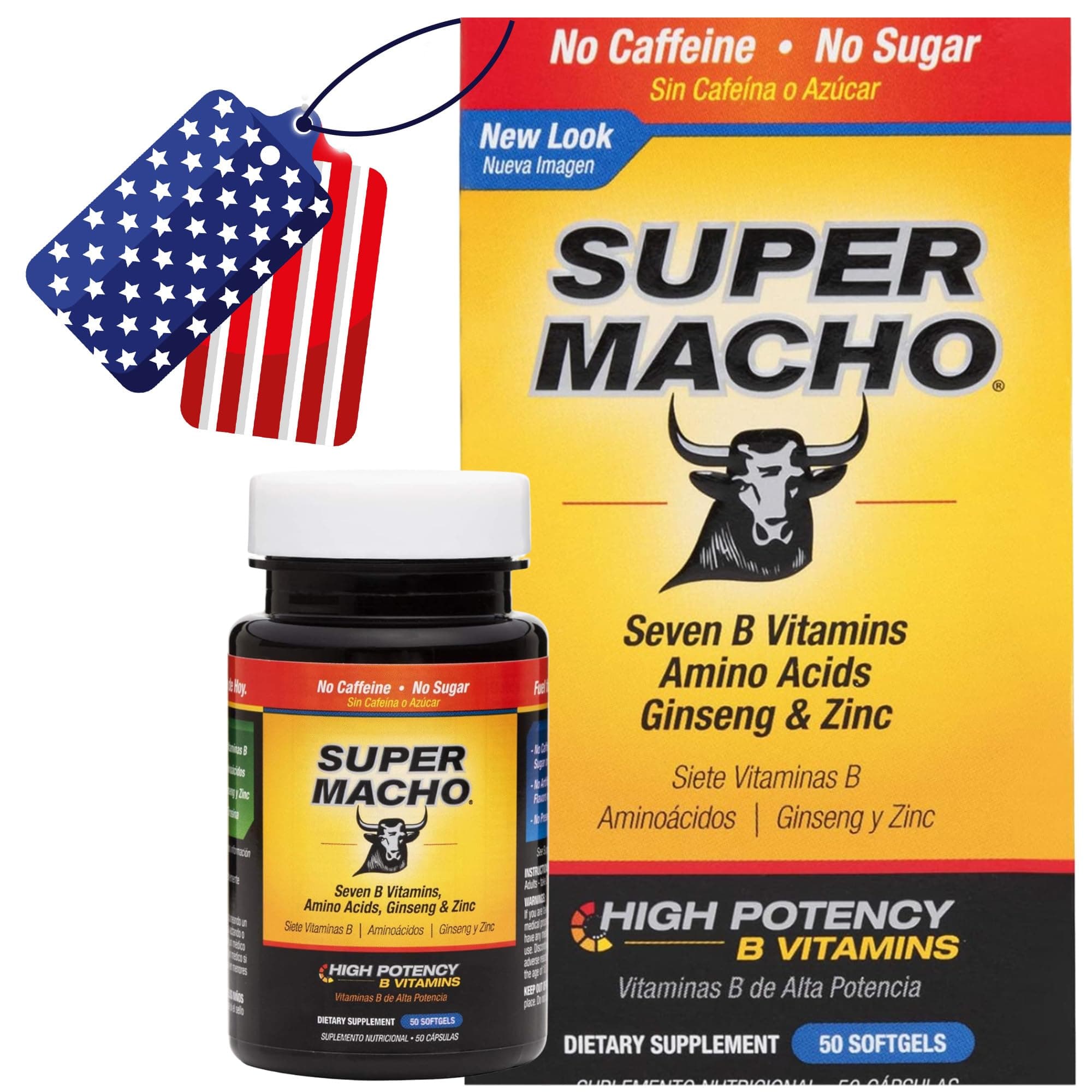 Super Macho DLC SUPER MACHO, High Potency B Vitamins and Amino Acids, Fuel for today´s Active Men, No Caffeine, No Sugar, Dietary Supplement, 50 Soft gels, Jar.