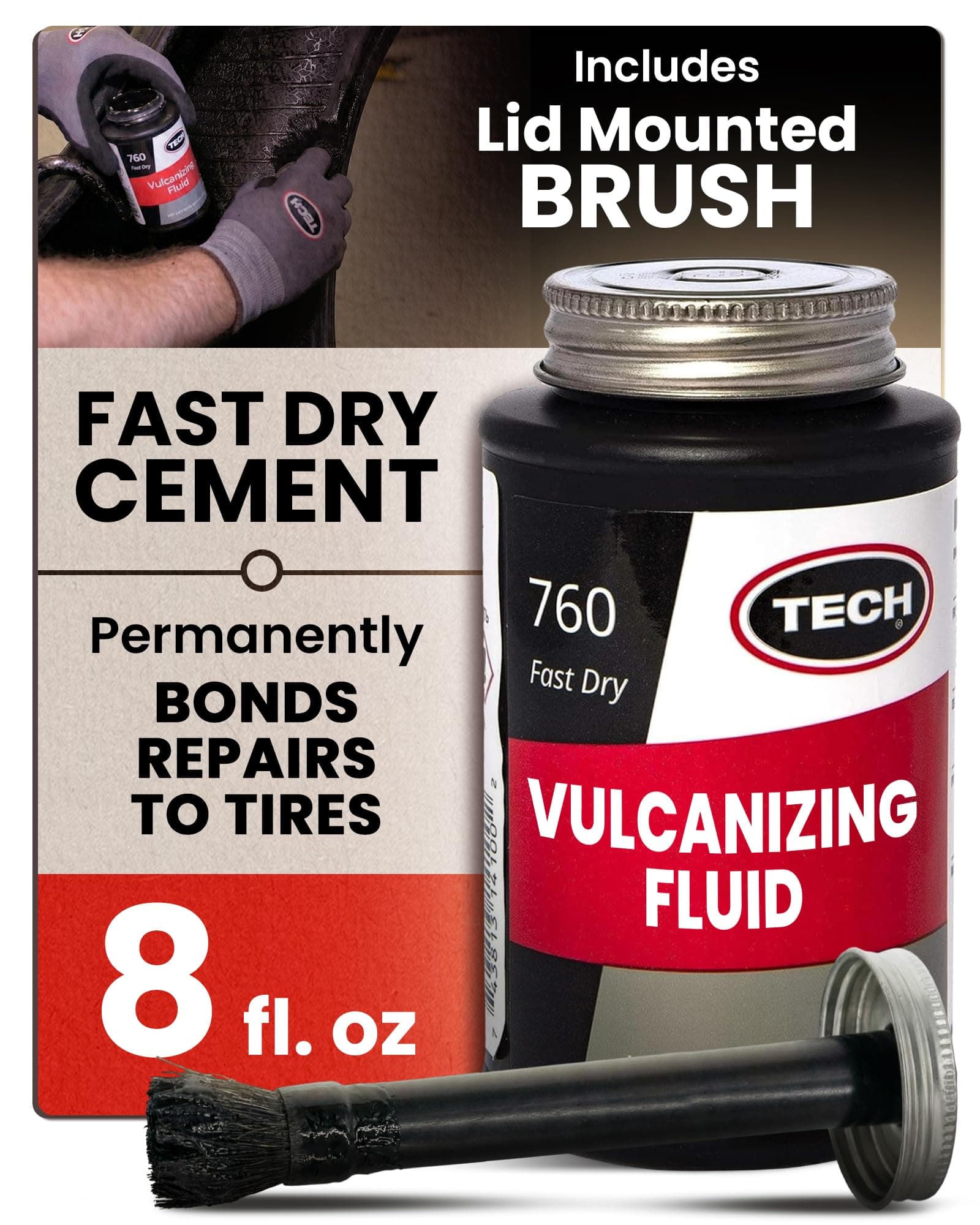 TECH Chemical Vulcanizing Fluid, 8 Fl Oz – Rubber Cement for Permanent Bonding of Plugs, Patches, and Cap Fixes, Ideal for Sidewalls, Treads, and Shop Use, Fast-Drying Adhesive