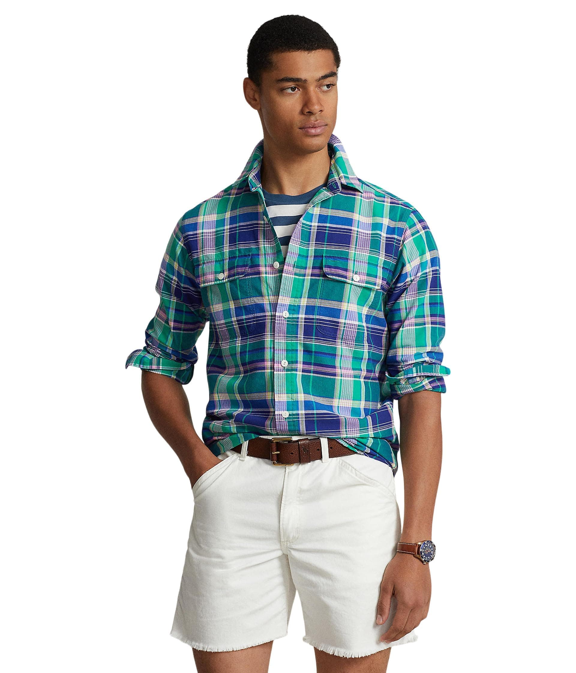 POLO RALPH LAUREN Men's Classic Fit Plaid Oxford Long Sleeve Workshirt Green/Navy Multi X-Large