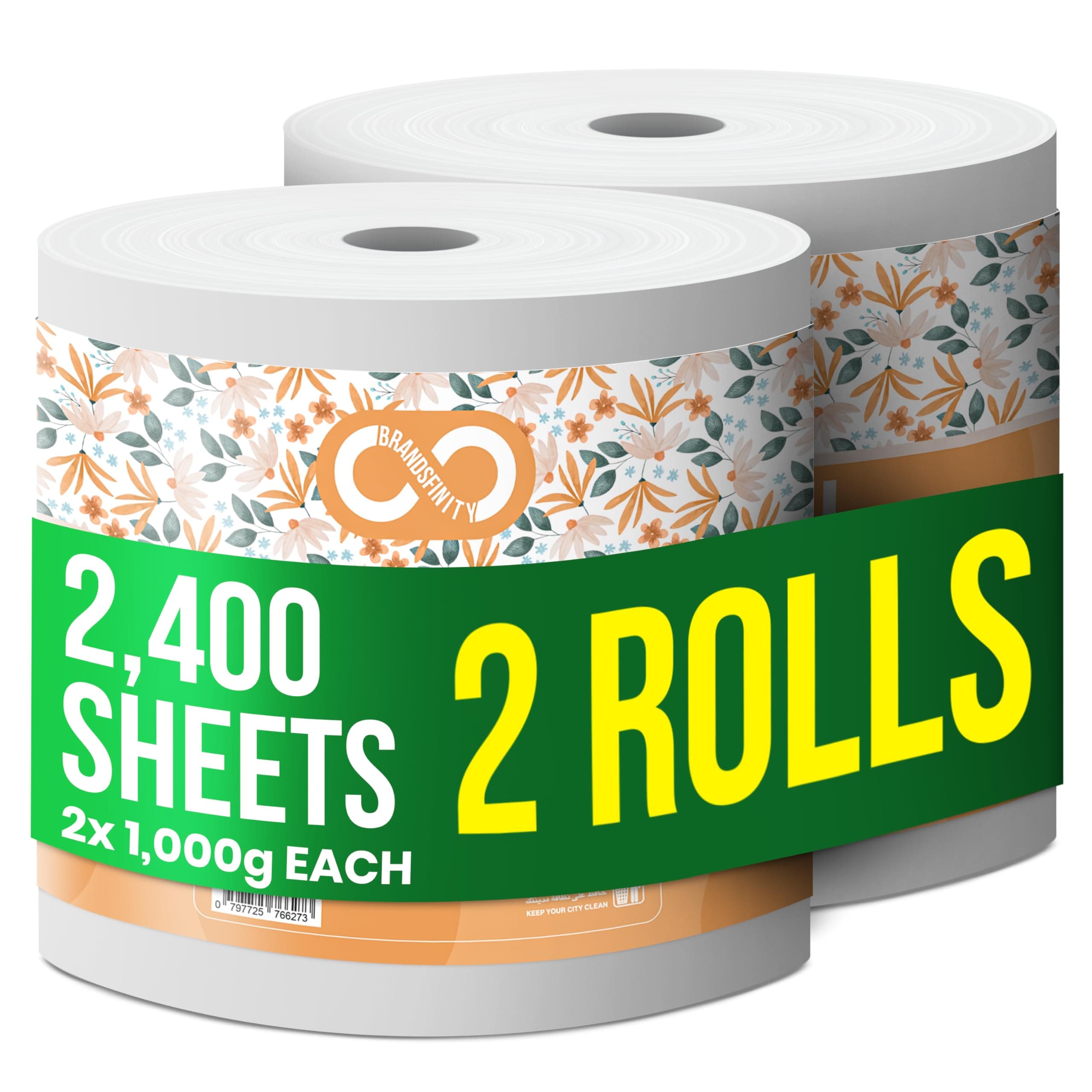 Brandsfinity Maxi Roll – Pack of 2 Rolls, 2400 sheets, 1000g x 2 Ply Highly Absorbent Multi Purpose Kitchen Tissue Paper Towel for all Surfaces