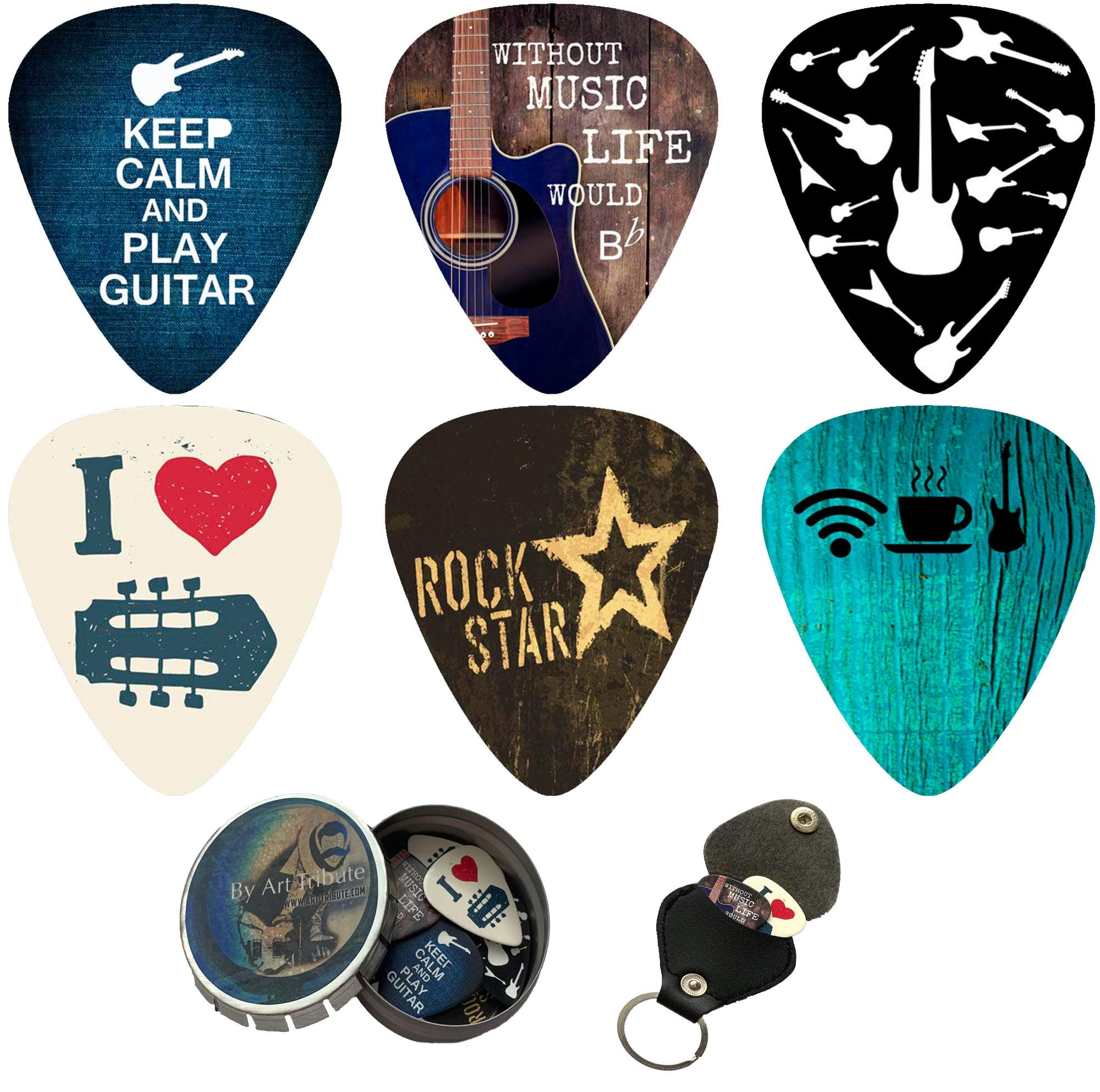 Cool Guitar Picks 12 Pack W/Tin Box & Picks Holder Set Gift. Celluloid Medium Cool Picks an Awesome Gift for Men & Women Guitarists for Acoustic Electric and Bass Guitars