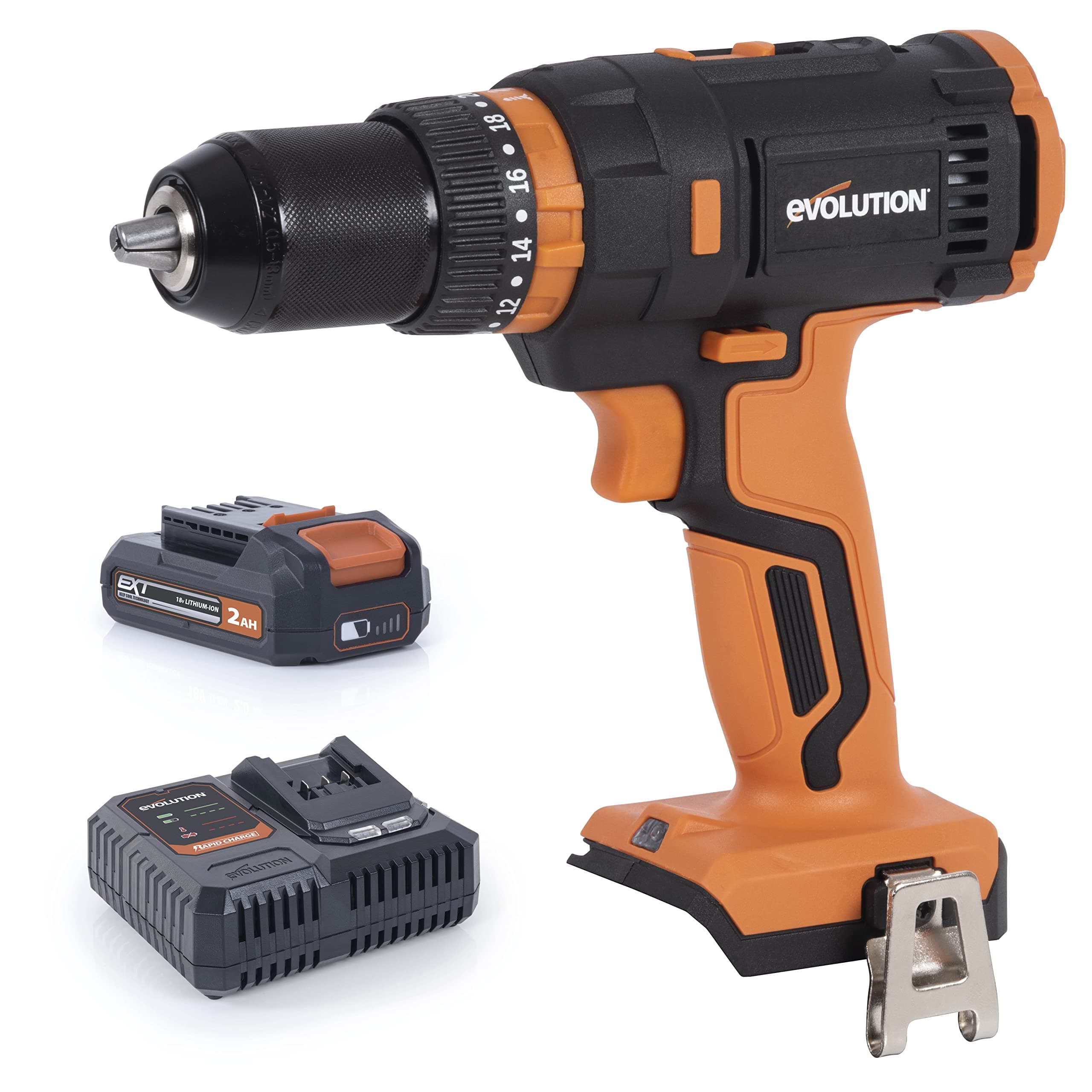 Evolution Power Tools R13CMB-Li 18V Cordless Combi Drill with 3 Modes (Drill, Drive, Impact) Variable Speed, Belt Clip, LED Worklight - Lithium Ion Battery & Charger Included
