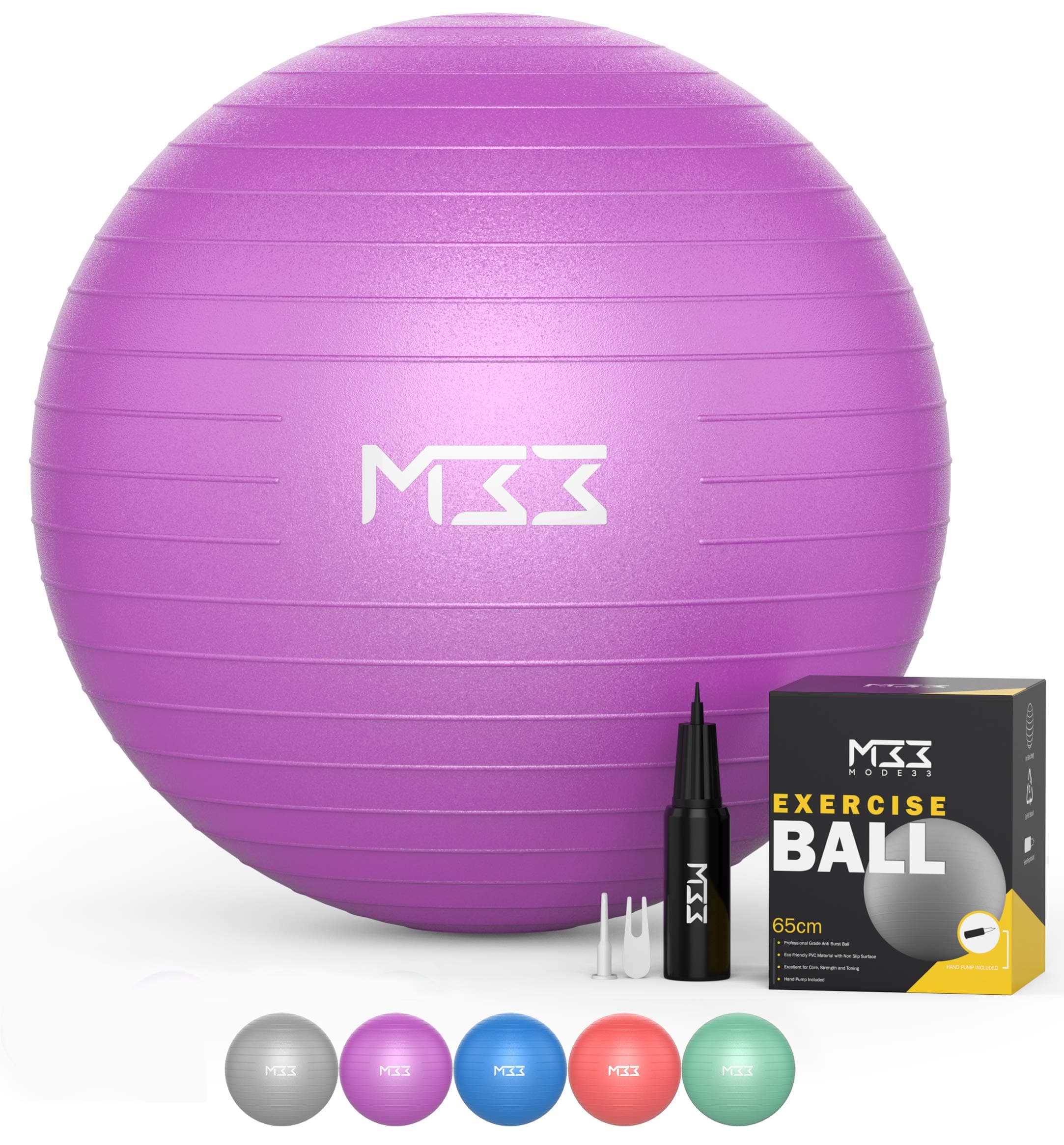 Mode 33 Exercise Ball - 55 to 85cm Extra Thick Anti-Burst Yoga Ball with Hand Pump - Gym Ball for Fitness, Pilates, Pregnancy, Labour, Birthing Ball, Swiss Ball – multiple colours