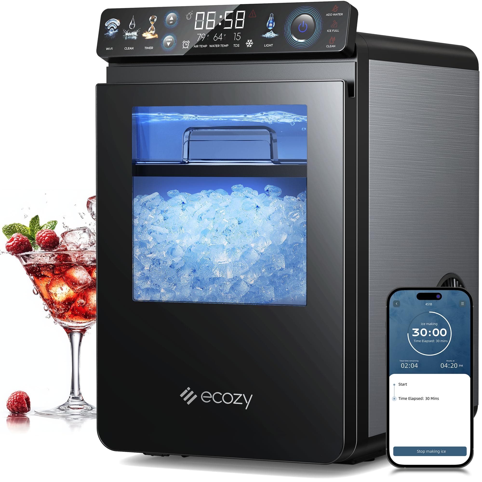 ecozy Smart Nugget Ice Maker Countertop, First Full-Color Smart Panel Ice Machine with APP Control, Double-Layer Insulation, 44 lbs/24H Soft Pellet Chewable Ice, Pull-Out Water Tank, Self-Cleaning