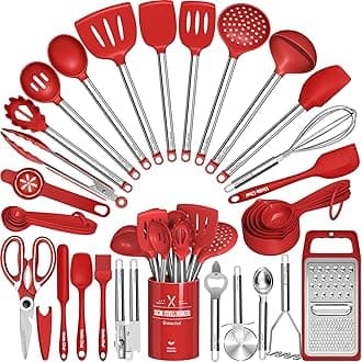 Umite Chef Kitchen Utensils Set- 34 PCs Cooking Utensils with Grater, Spoon Spatula, Heat Resistant Food Grade Silicone, Stainless Steel Handles Kitchen Gadgets Tools Set for Nonstick Cookware(Red)