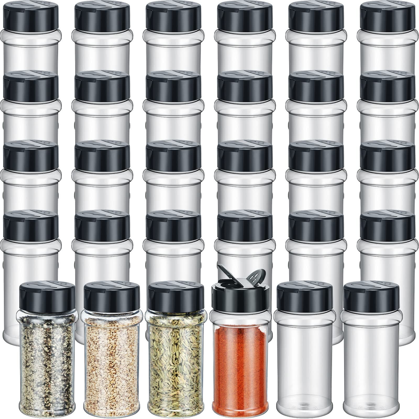 Jadive 36 Pcs 5.5 oz Plastic Spice Jars with Shaker Lids Clear Spice Bottles Plastic Seasoning Containers Empty Shaker for Kitchen Storing Herbs Seasoning Powders Pepper Dry Goods (Black)