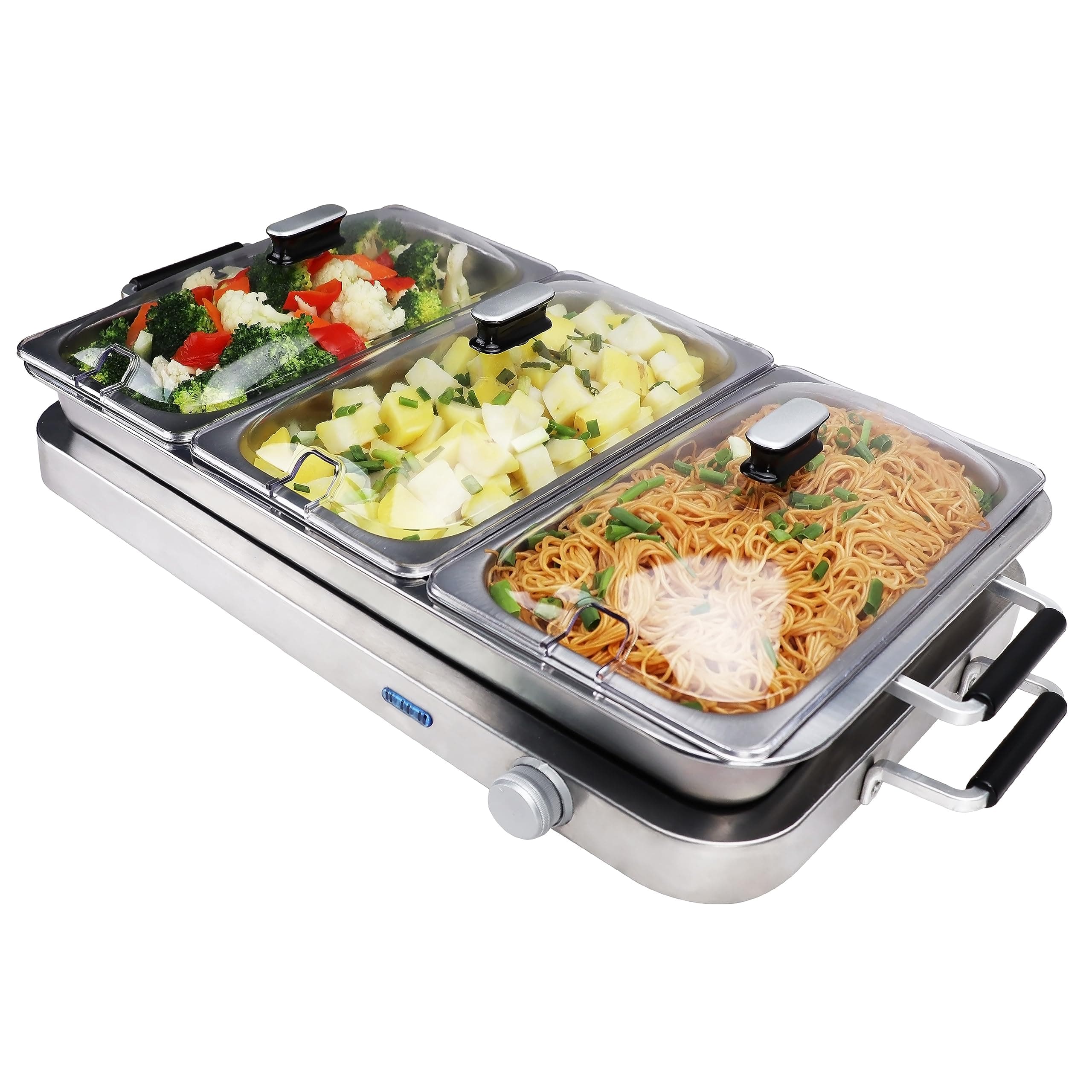 – Callow Large Stainless Steel Buffet Warmer - Warm Function, Stainless Steel Buffet Warmer, Hotplate, Food Warmer Server, 3 x 2.5L Large trays plus one Large Single Tray & 3 Serving Spoons Included
