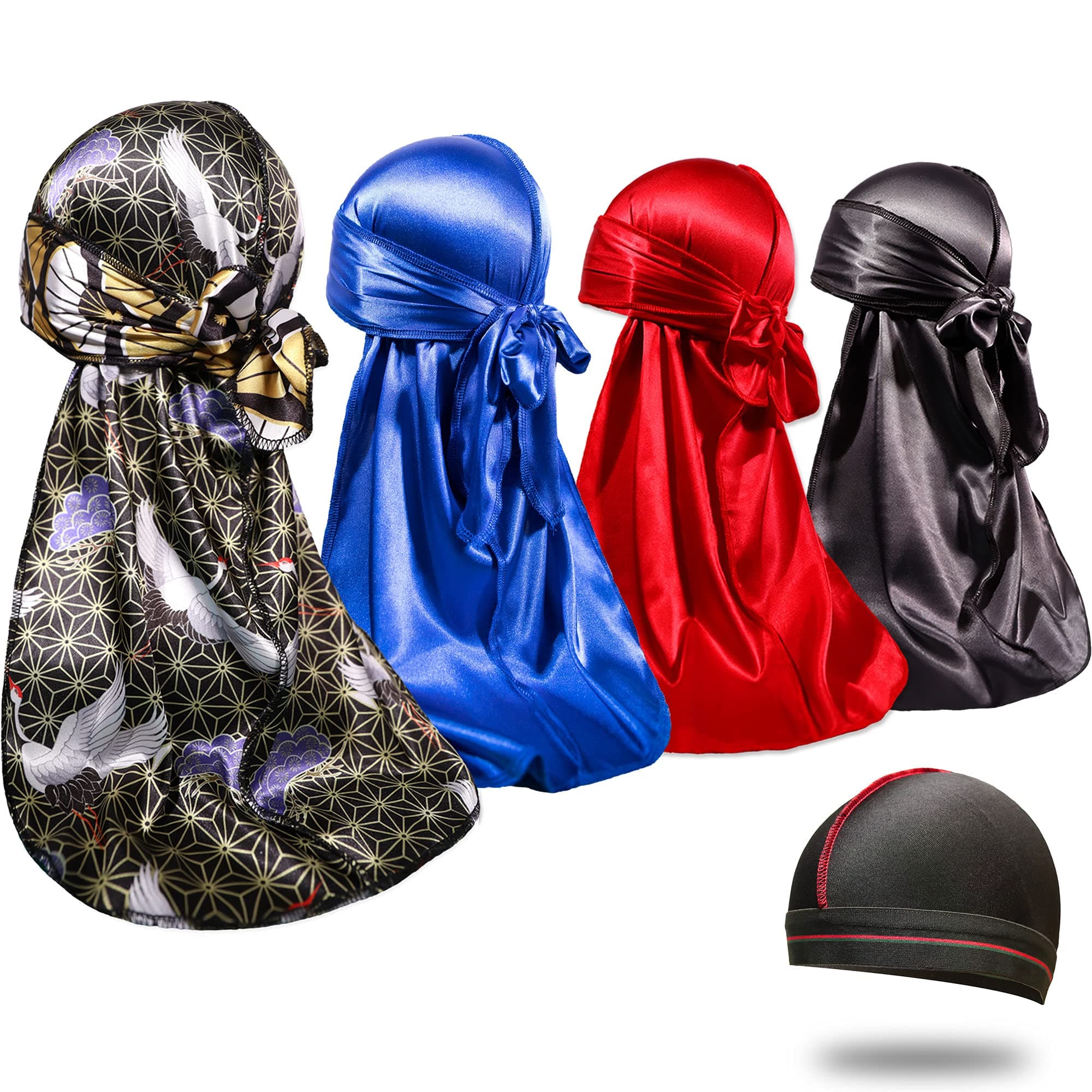 4PCS Silky Durags for Men 360 Waves, Designer Do Rag, 1 Wave Cap
