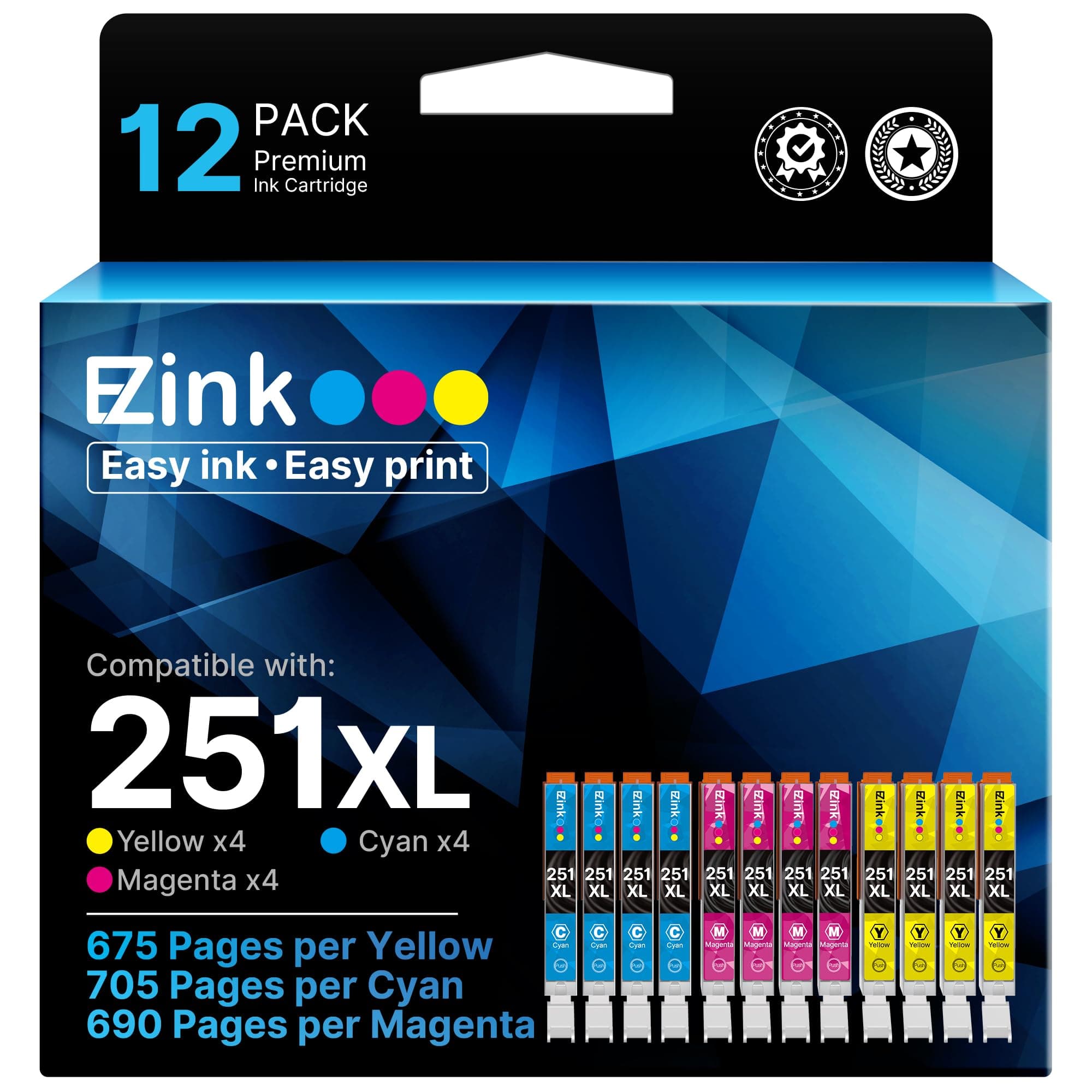 E-Z Ink Compatible Ink Cartridge Replacement for Canon CLI-251XL CLI 251 to use with PIXMA MX922 MX920 IP8720 IX6820 IP7220 MG5520 MG5420 MG7520 MG6320 Printer (4 Cyan, 4 Magenta, 4 Yellow, 12 Pack)
