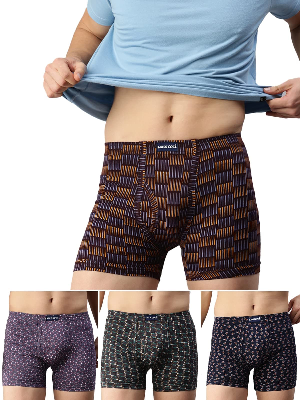 Lux CoziMen's Assorted Inner Elestic Long Printed Trunk| Printed Trunk for Men (Color & Prints May Vary), Printed, 90 CM