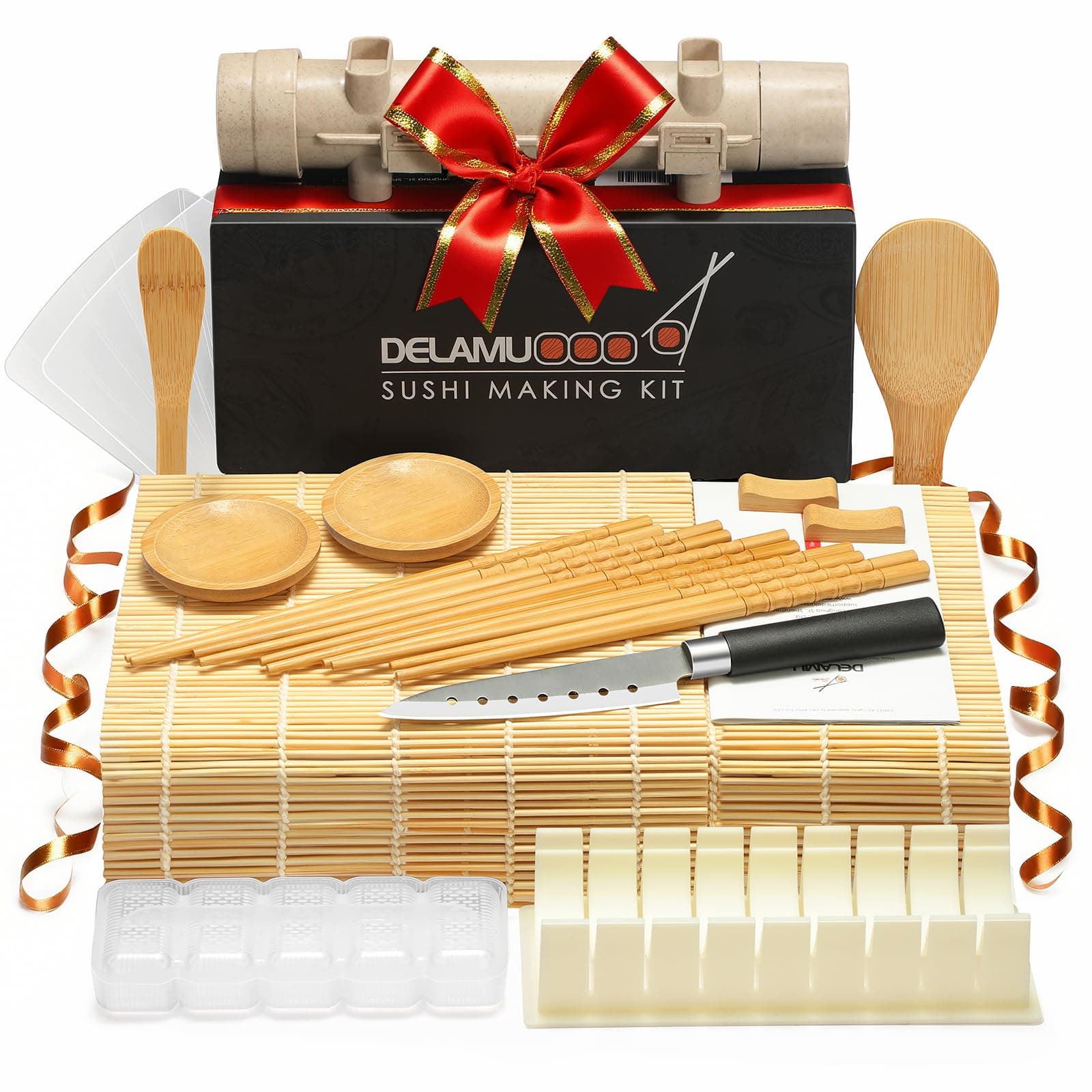 Delamu Sushi Making Kit, 20 in 1 Bazooka Roller Kit with Chef’s Knife, Bamboo Mats, Rice Mold, Temaki Sushi Mats, Rice Paddle, Spreader, Chopsticks, Sauce Dishes, Guide Book
