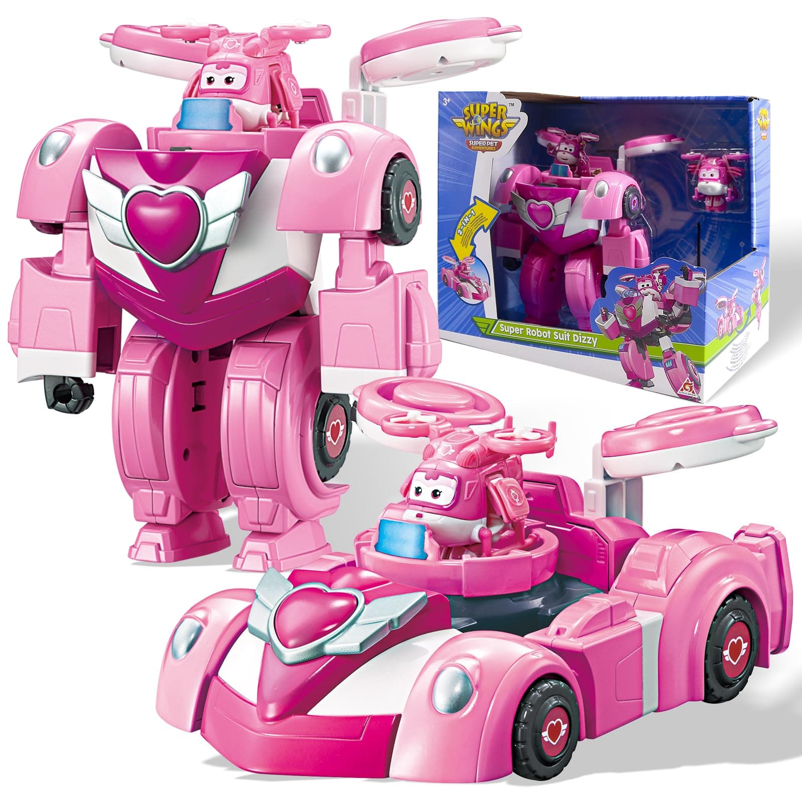 Transformable Toys, 7" Super Robot and 2" Mini Dizzy Transforming Suit, 2 in 1 Racing Car-Robot Action Figure for Boys and Girls Age 3+, Gifts for Preschool Kids, Pink