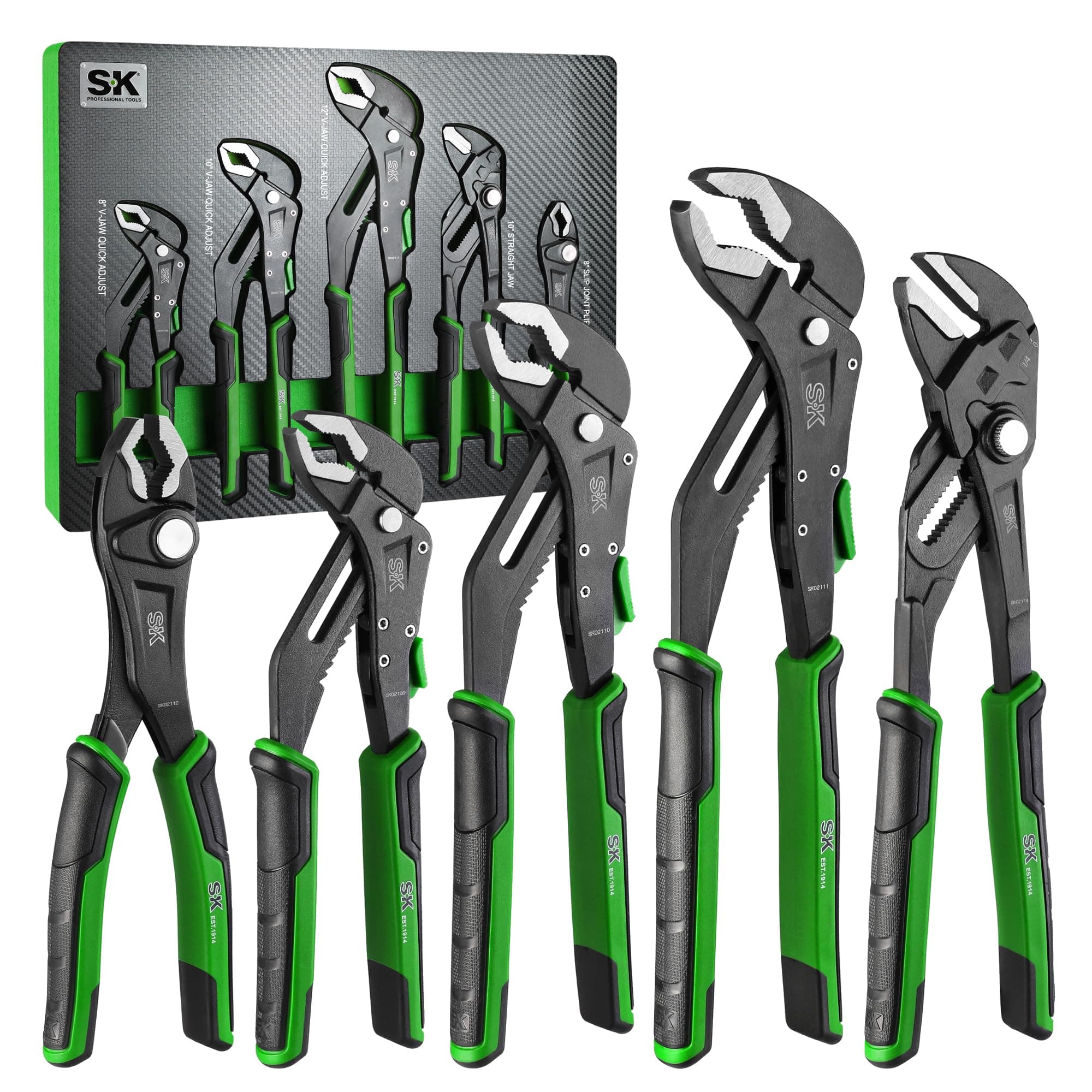 SK 5-Piece Pliers Set, 8" Adjustable Joint, 8", 10" and 12" Quick Adjust V-Jaw Groove Joint, 10" Pliers Wrench, Premium CR-V Construction, with EVA Foam Tool Organizer
