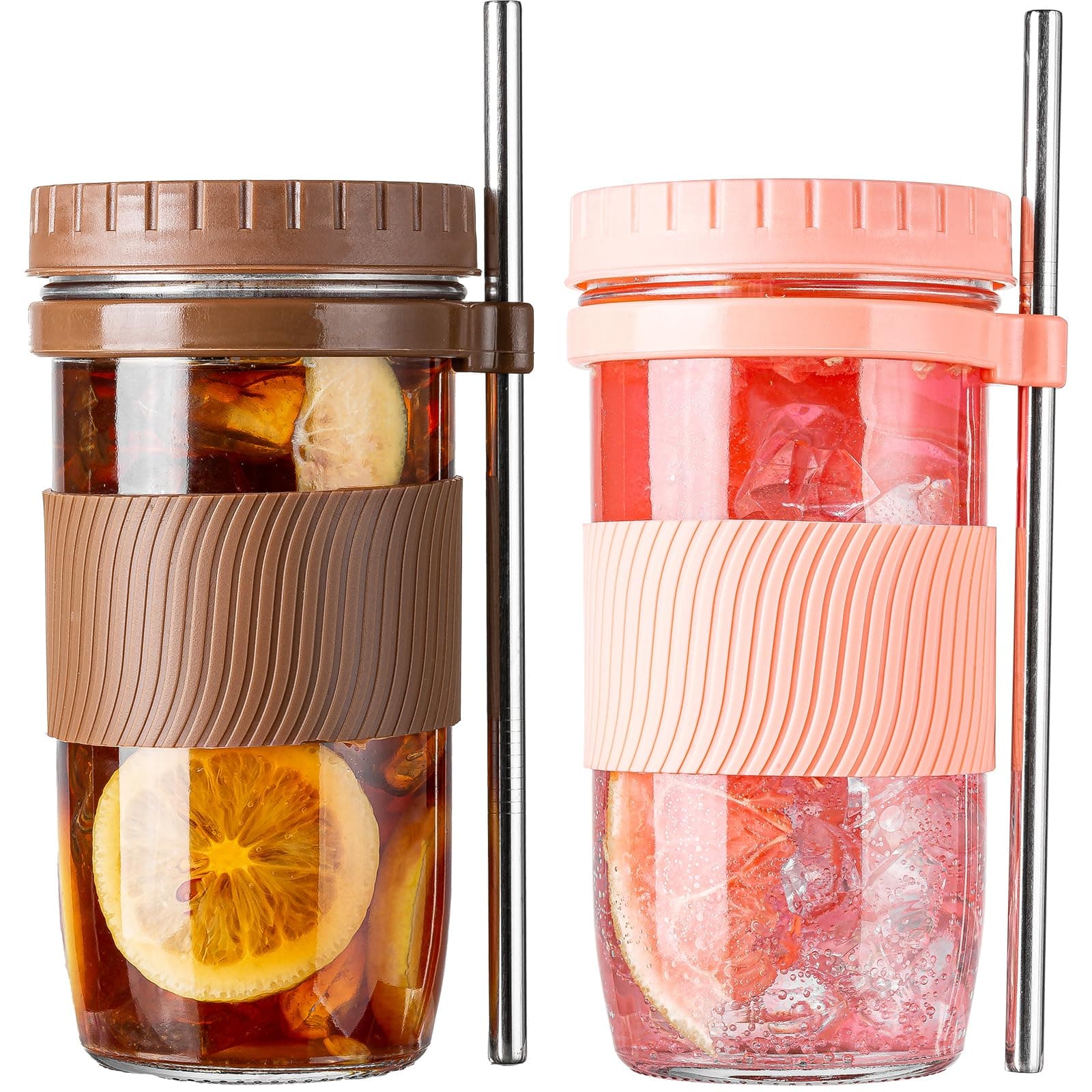 2 Pack Bubble Tea Cup, 24oz Iced Coffee Cups, Mason Jar with & Straws & 2 Airtight Lids, Reusable Wide Mouth Smoothie Boba Cup, Clean Brush, Glass Cups, Travel Drinking Bottle
