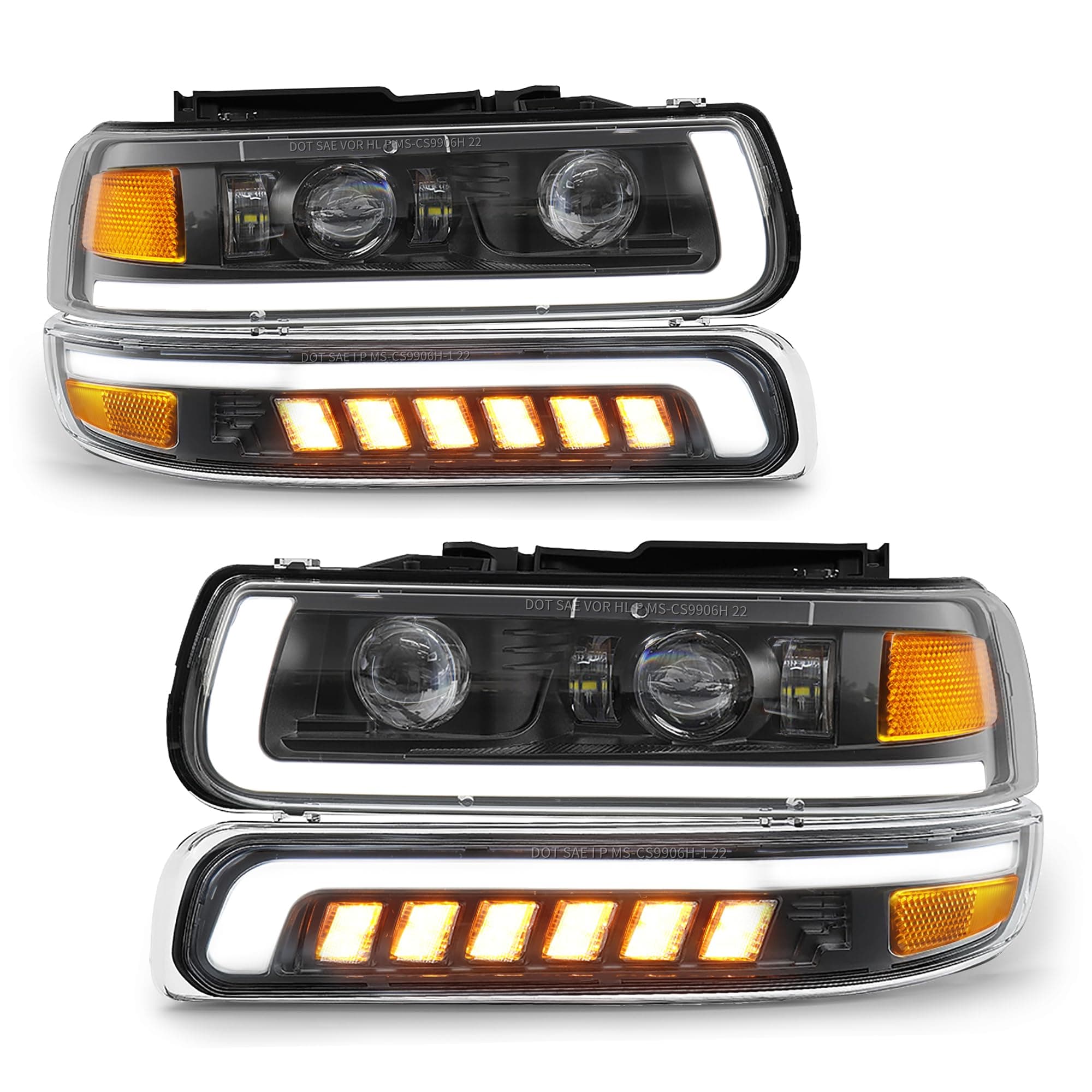 LED Headlights Assembly with Bulbs Compatible with 1999-2002 Chevy Silverado 2000-2006 Chevrolet Suburban Tahoe Bumper Headlamps Replacement DRL Turn Signal Hi/Low Beam