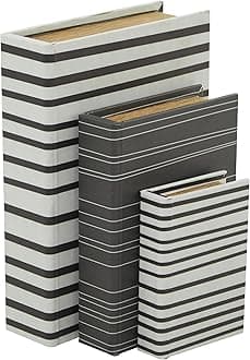 Deco 79 Faux Leather Decorative Box Faux Storage Book Book Shaped Boxes with Black Striped Patterns, Set of 3 Decorative Keepsake Boxes 12", 9", 6"H, White