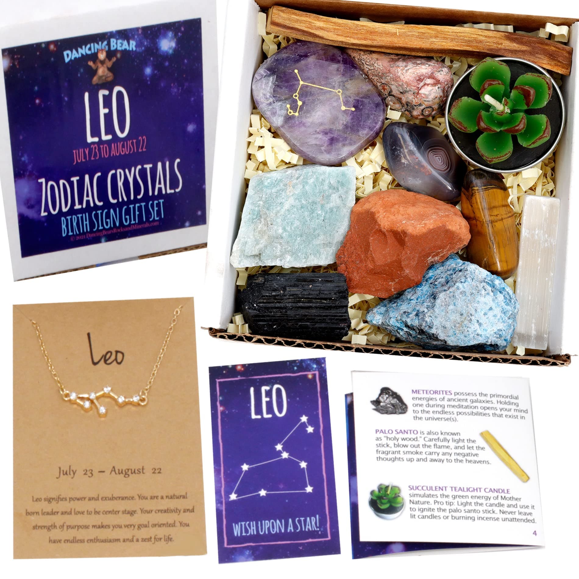 DANCING BEAR Leo Zodiac Healing Crystals Gift Set (14 Pc): 9 Stones, 18K Gold-Plated Constellation Necklace, Meteorite, Succulent Candle, Palo Santo Smudge Stick, and Info Guide, Made in The USA